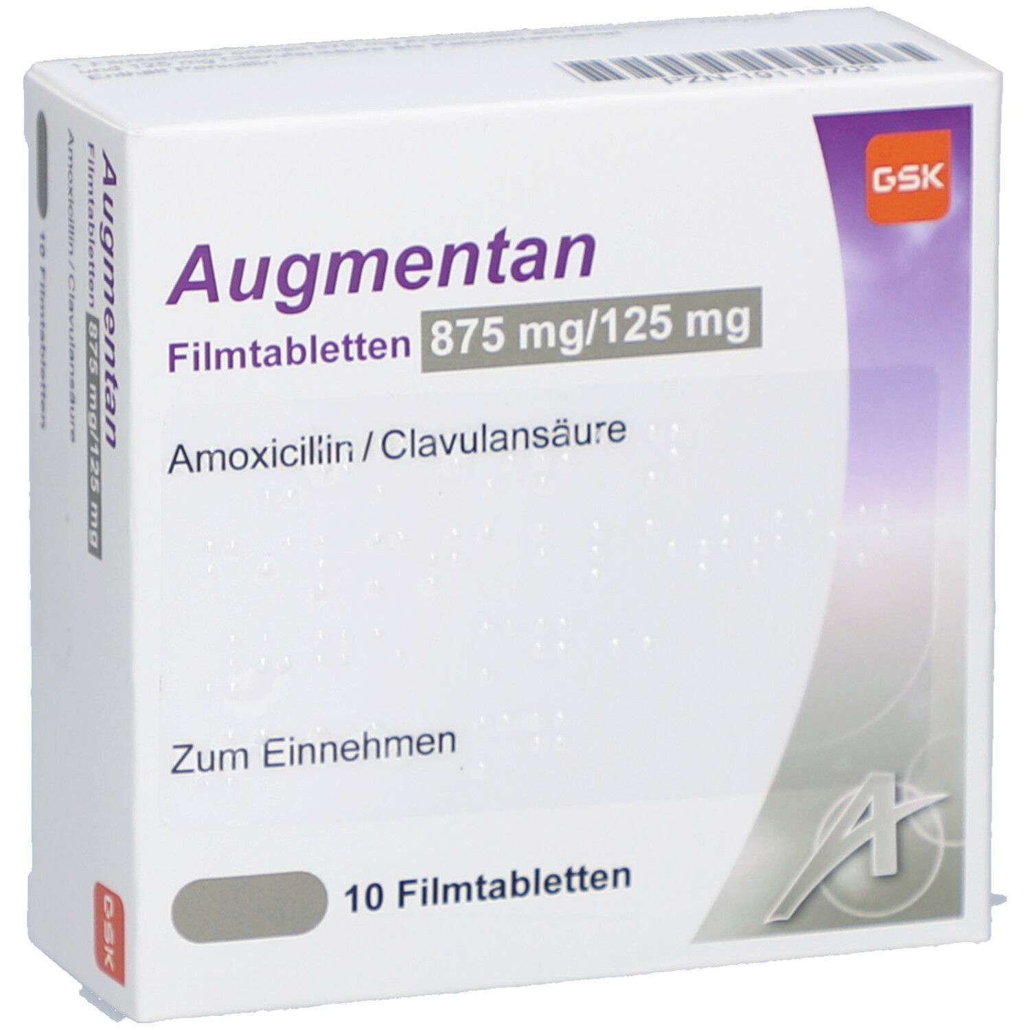 Weiße Schachtel mit "Augmentan"-Schriftzug. Enthält 10 Filmtabletten. Angaben zu Dosierung und Inhaltsstoffen. GSK-Logo.