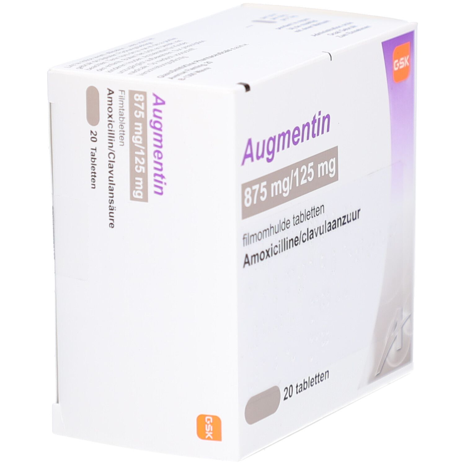 Schachtel mit Augmentin 875/125 mg Filmtabletten. Aufschrift: 20 Tabletten. Logo GSK.