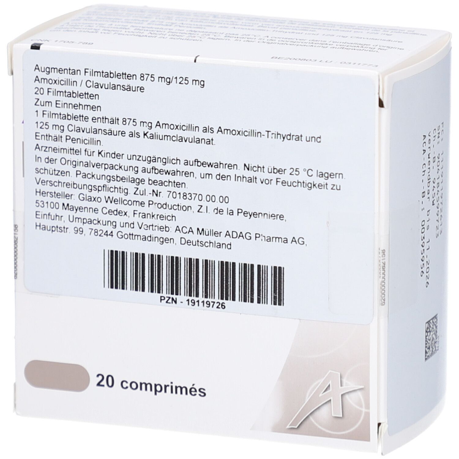Rückseite der Schachtel mit Augmentin 875/125 mg Filmtabletten. Textinformationen und Barcode.