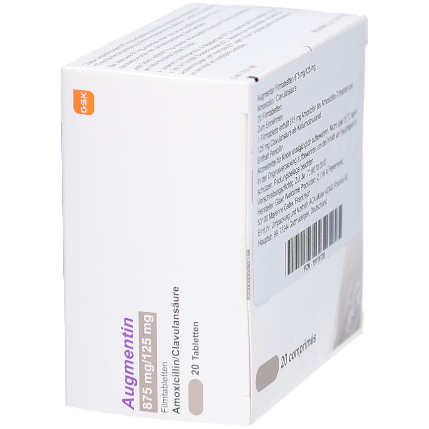 Schachtel mit Augmentin 875/125 mg Filmtabletten. Aufschrift: 20 comprimés. Logo GSK.
