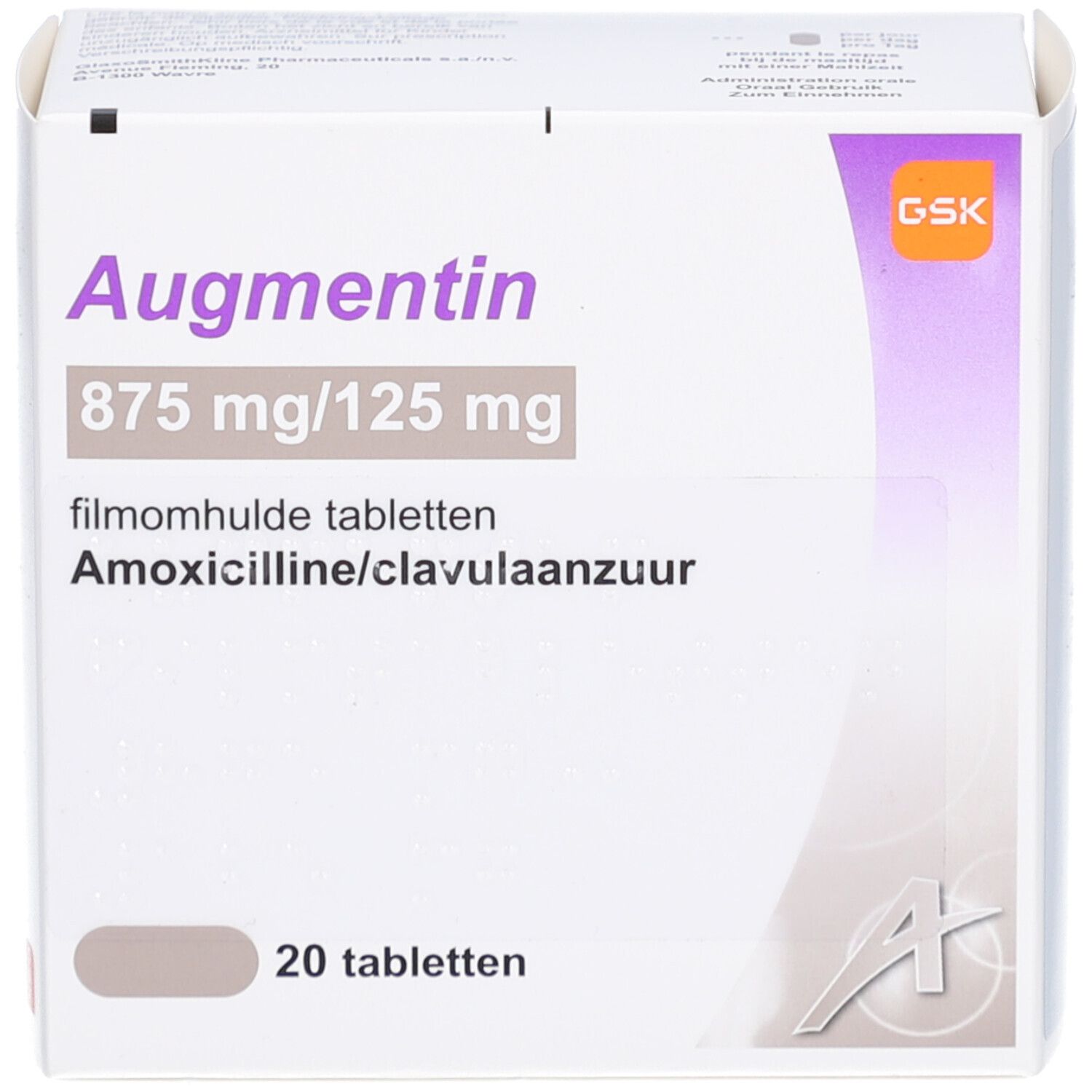 Schachtel mit Augmentin 875/125 mg Filmtabletten. Aufschrift: 20 Tabletten. Logo GSK.