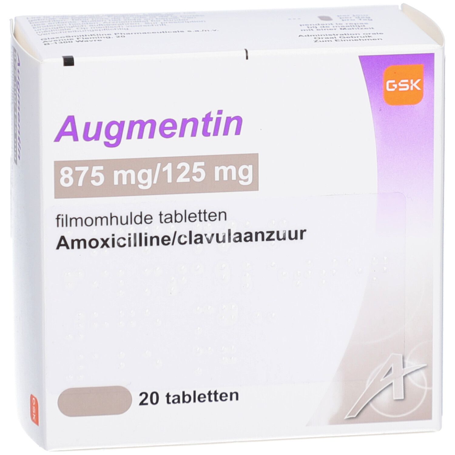 Schachtel mit Augmentin 875/125 mg Filmtabletten. Aufschrift: 20 Tabletten. Logo GSK.