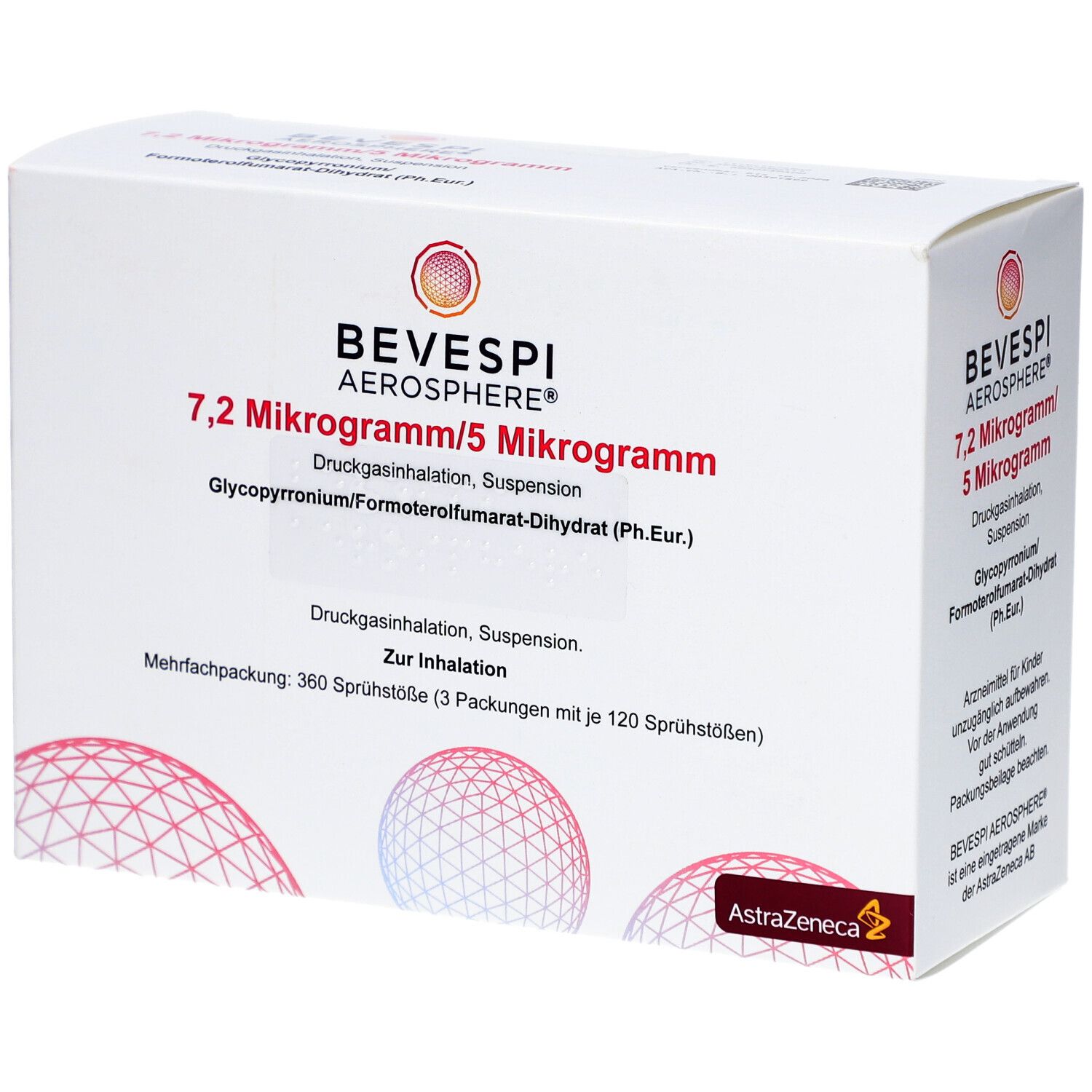 Weiße Kartonverpackung mit roter und rosa Grafik. Aufschrift: BEVESPI AEROSPHERE 7,2 Mikrogramm/5 Mikrogramm. Enthält 360 Sprühstöße.