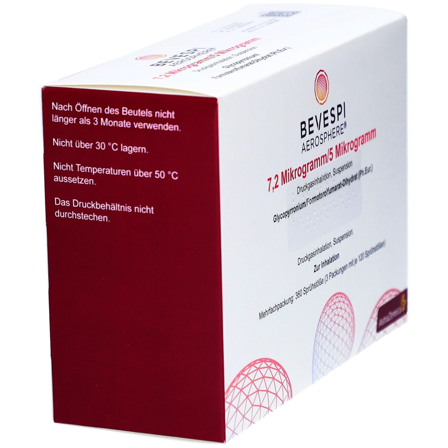 Kartonverpackung mit rotem Seitenbereich. Aufschrift: BEVESPI AEROSPHERE 7,2 Mikrogramm/5 Mikrogramm. Enthält Warnhinweise und Lagerungshinweise.