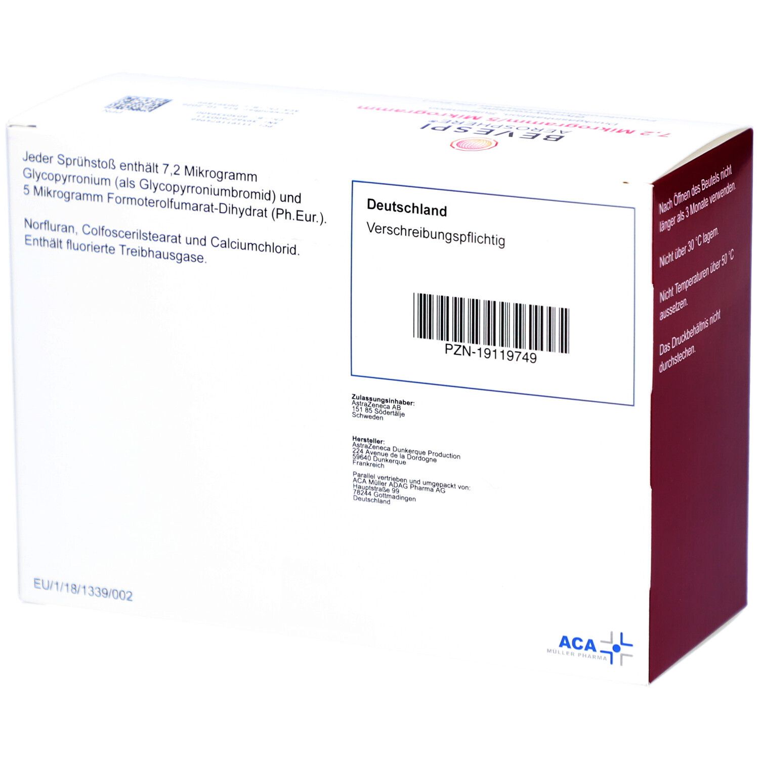 Kartonverpackung mit Text und Barcode. Aufschrift: Deutschland, verschreibungspflichtig. Enthält Informationen zu Inhaltsstoffen und Hersteller.