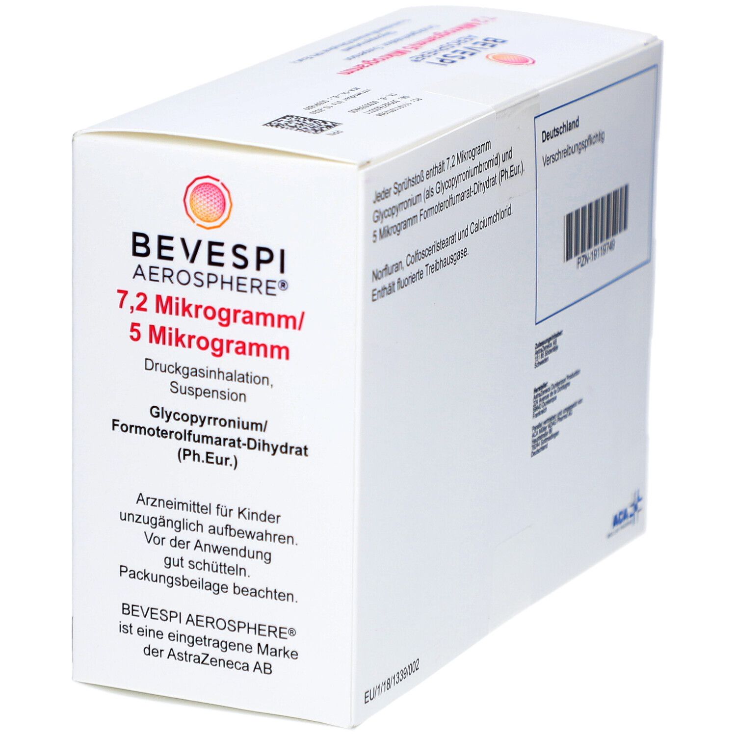 Kartonverpackung mit roter Schrift. Aufschrift: BEVESPI AEROSPHERE 7,2 Mikrogramm/5 Mikrogramm. Enthält Warnhinweise und Herstellerinformationen.