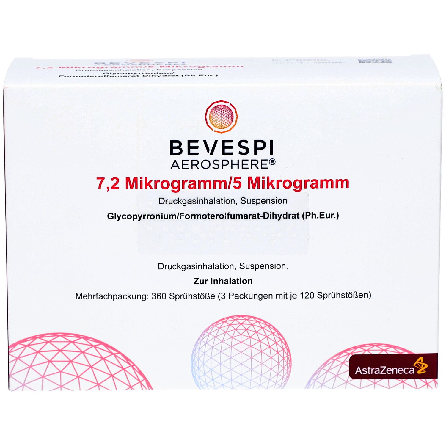 Weiße Kartonverpackung mit roter und rosa Grafik. Aufschrift: BEVESPI AEROSPHERE 7,2 Mikrogramm/5 Mikrogramm. Enthält 360 Sprühstöße.