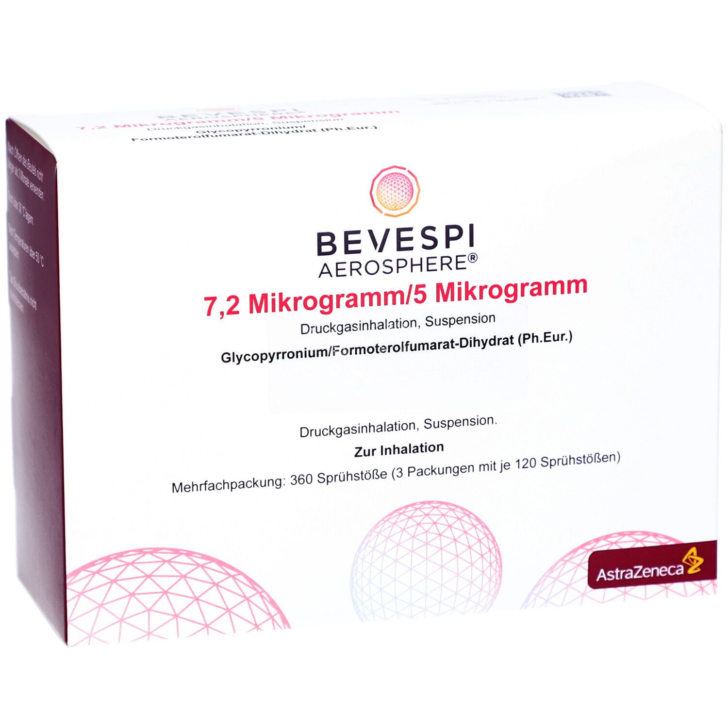 Weiße Kartonverpackung mit roter und rosa Grafik. Aufschrift: BEVESPI AEROSPHERE 7,2 Mikrogramm/5 Mikrogramm. Enthält 360 Sprühstöße.