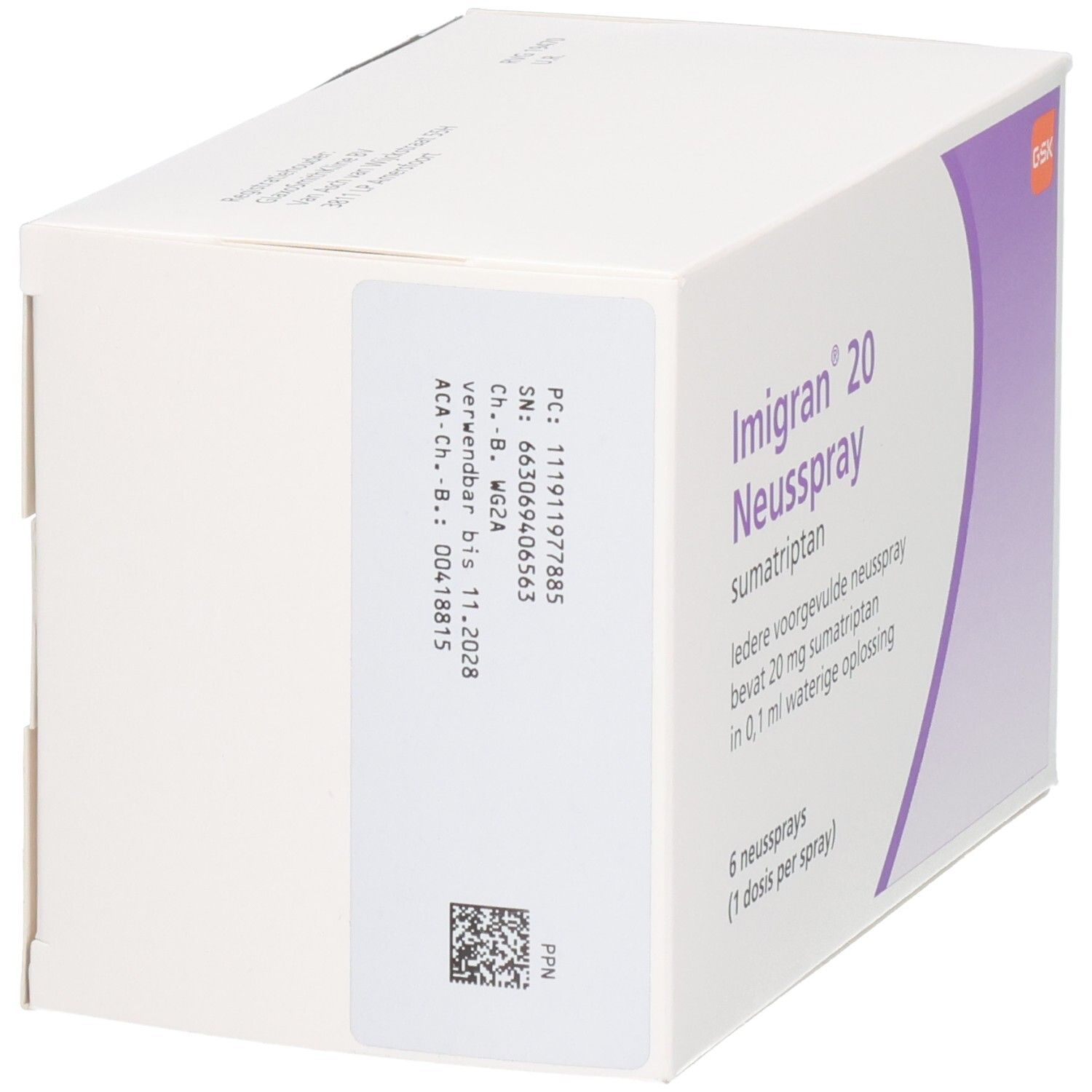 Rückseite der Imigran Nasal 20 mg Neusspray Verpackung mit Chargennummer und Verfallsdatum.