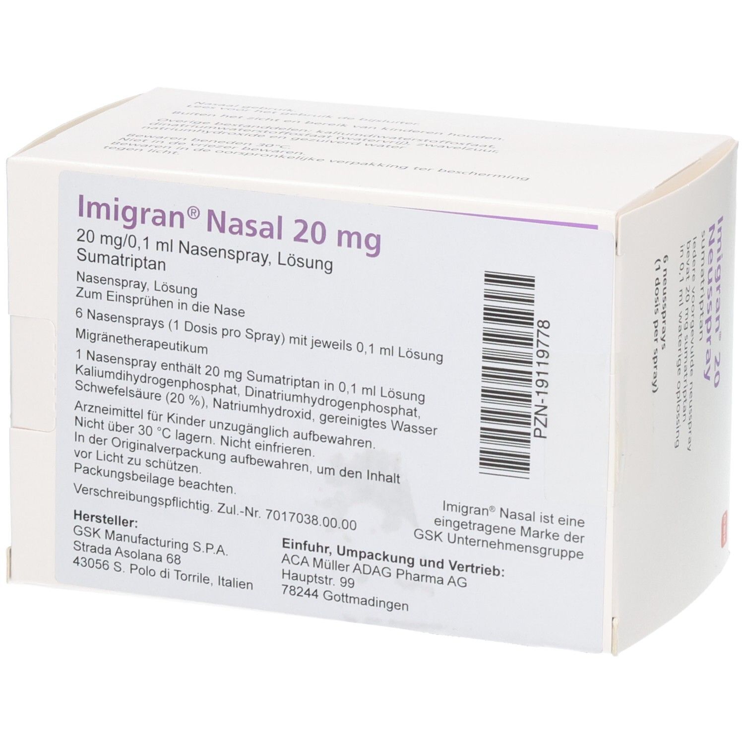 Seitenansicht der Imigran Nasal 20 mg Nasenspray Verpackung mit detaillierten Produktinformationen.