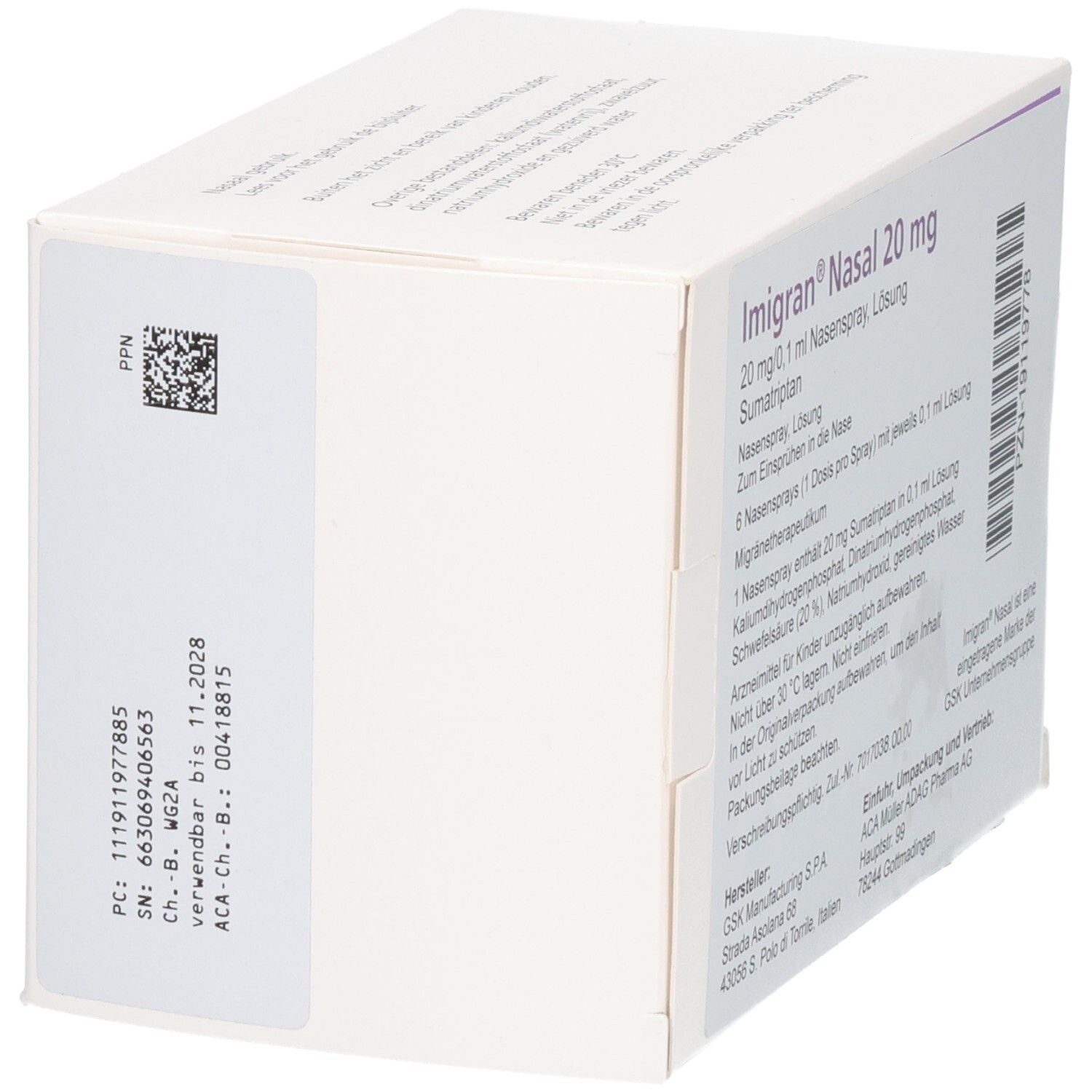 Seitenansicht der Imigran Nasal 20 mg Nasenspray Verpackung mit Chargen- und Produktinformationen.