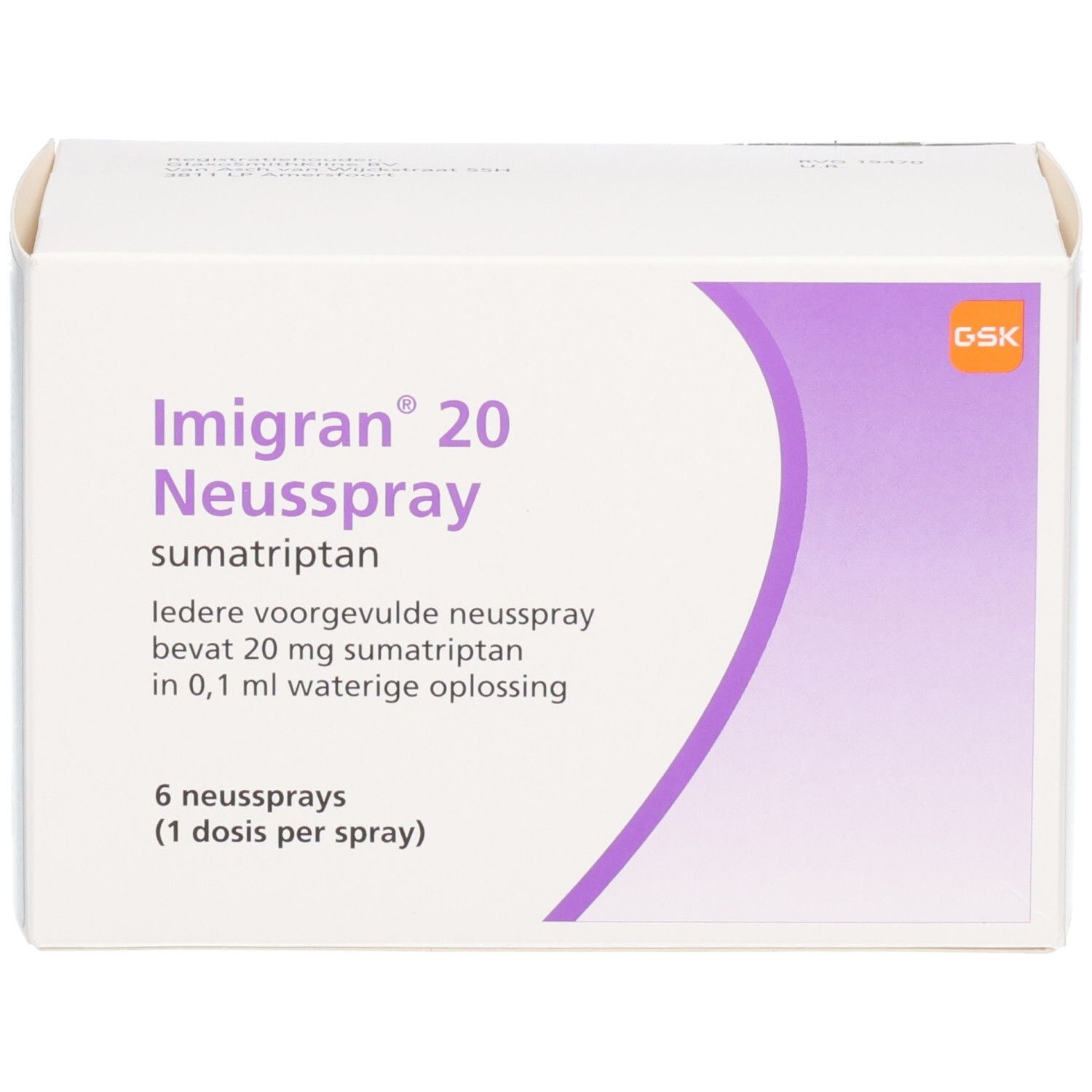 Vorderseite der Imigran 20 Neusspray Verpackung mit GSK Logo und Produktinformationen.