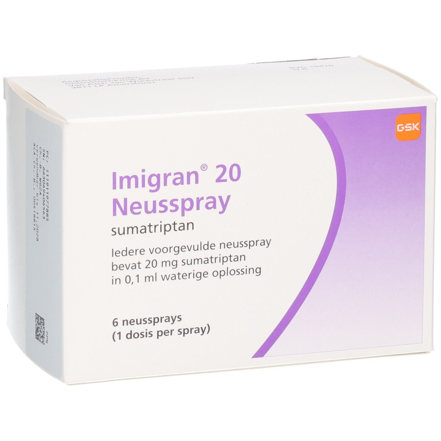 Verpackung von Imigran 20 Neusspray, Sumatriptan, 6 Sprays, mit GSK Logo.