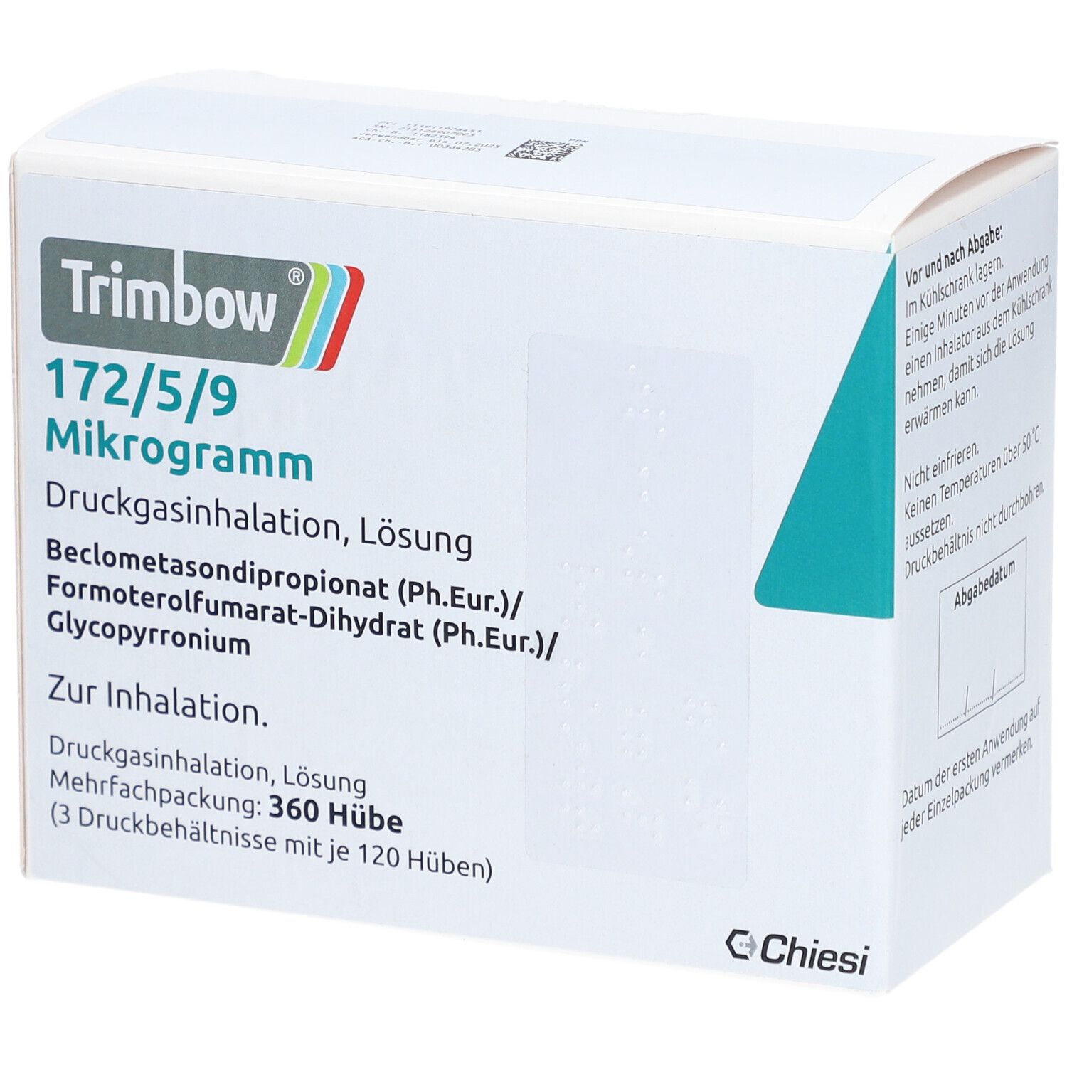 Weiße Verpackung mit Produktinformationen. Oben links: Trimbow, 172/5/9 Mikrogramm. Druckgasinhalation, Lösung. Chiesi Logo.