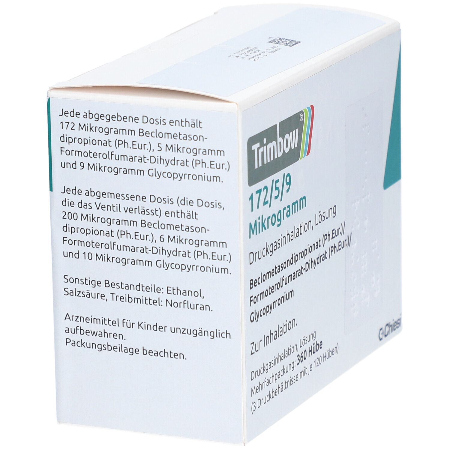 Weiße Verpackung, Seitenansicht. Links: Produktinformationen. Rechts: Trimbow, 172/5/9 Mikrogramm. Druckgasinhalation, Lösung. Chiesi Logo.
