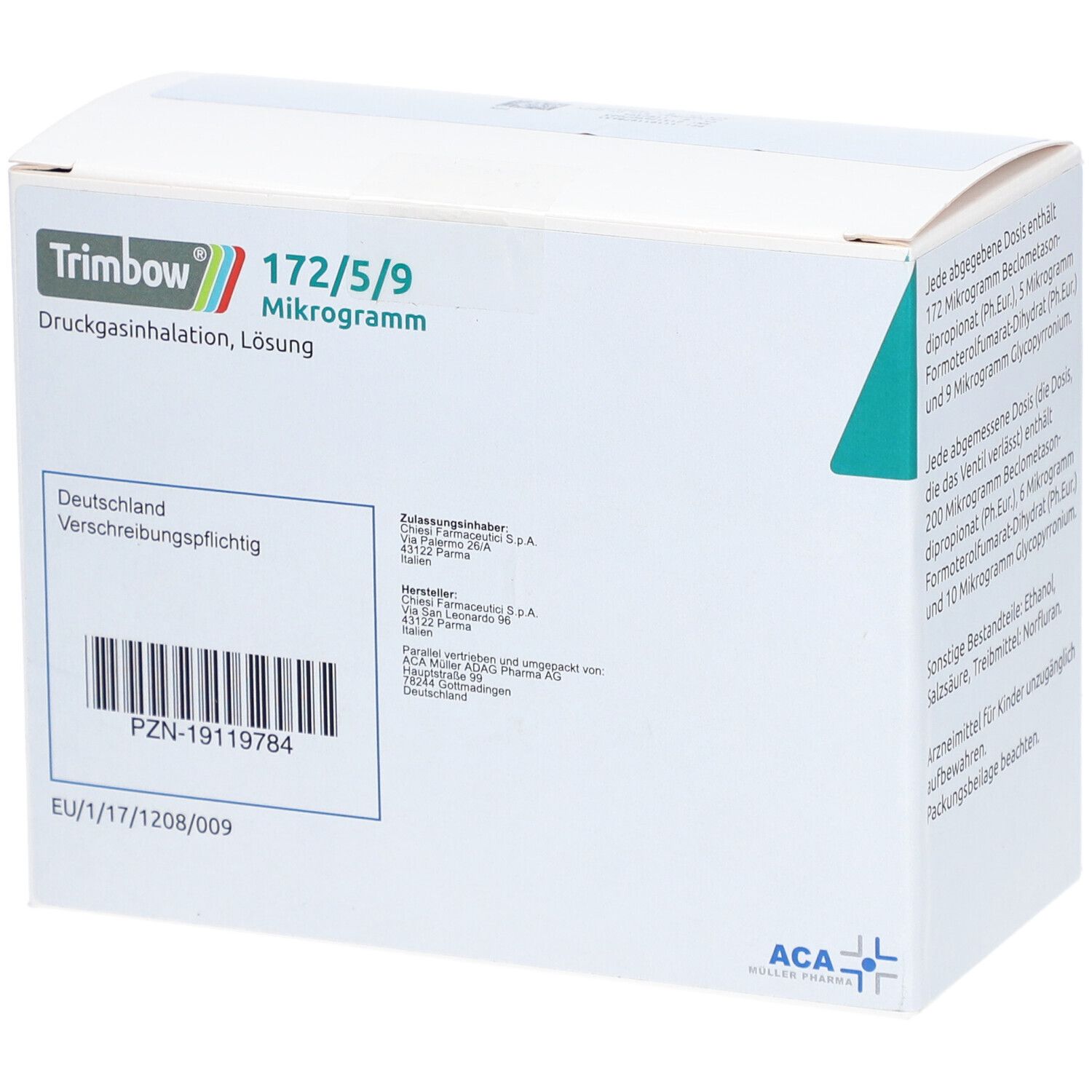 Weiße Verpackung, Rückseite. Oben links: Trimbow, 172/5/9 Mikrogramm. Druckgasinhalation, Lösung. Barcode und weitere Informationen.