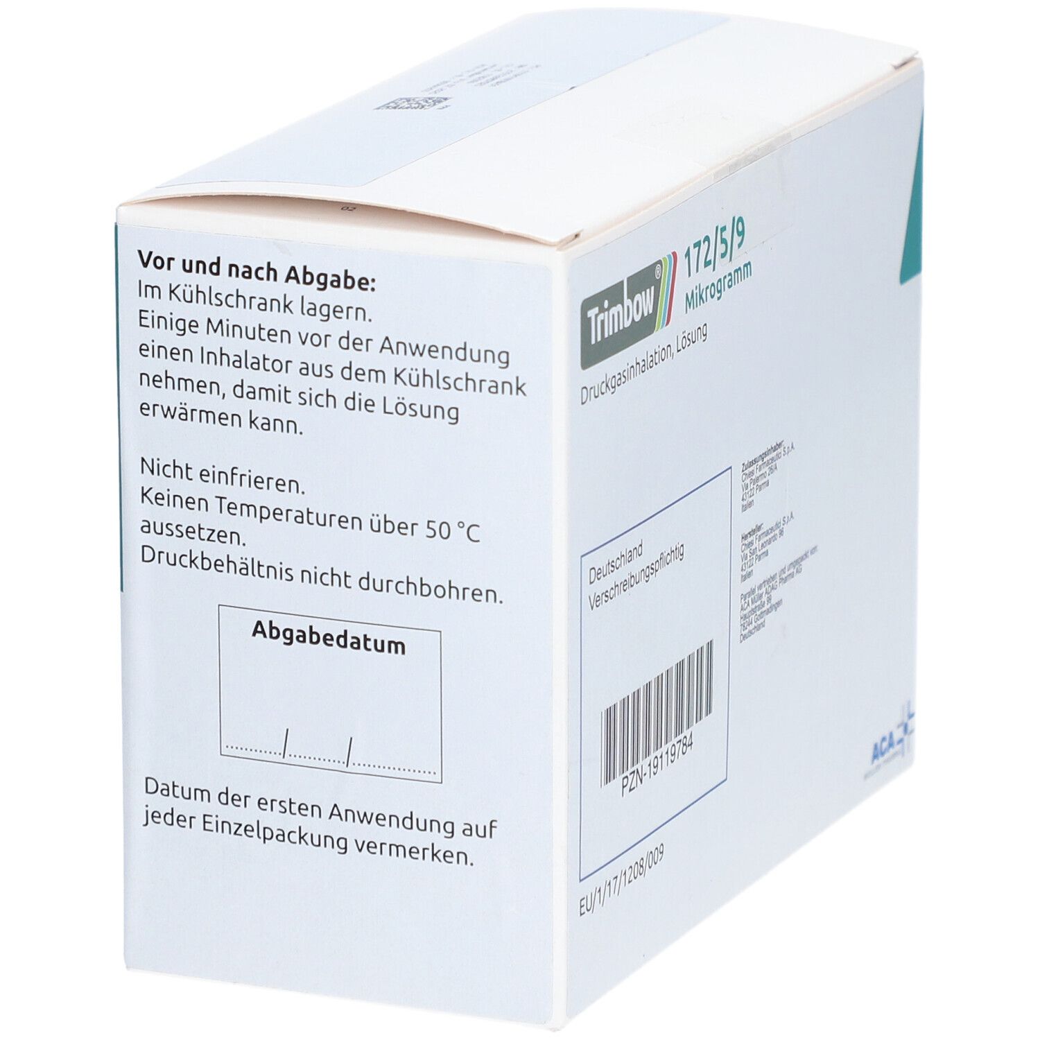 Weiße Verpackung, schräge Ansicht. Oben rechts: Trimbow, 172/5/9 Mikrogramm. Druckgasinhalation, Lösung. Informationen zur Anwendung.