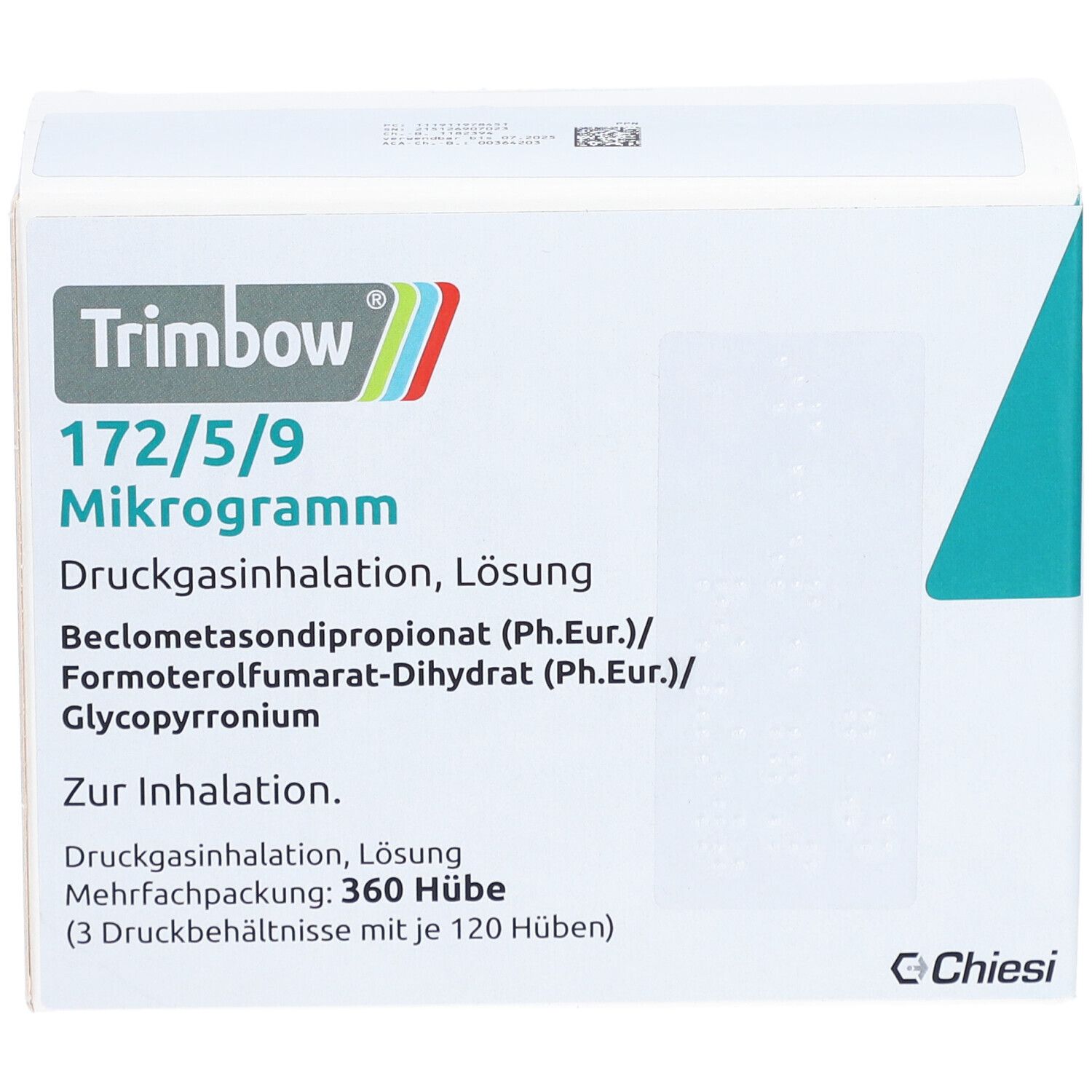 Weiße Verpackung mit Produktinformationen. Oben links: Trimbow, 172/5/9 Mikrogramm. Druckgasinhalation, Lösung. Chiesi Logo.