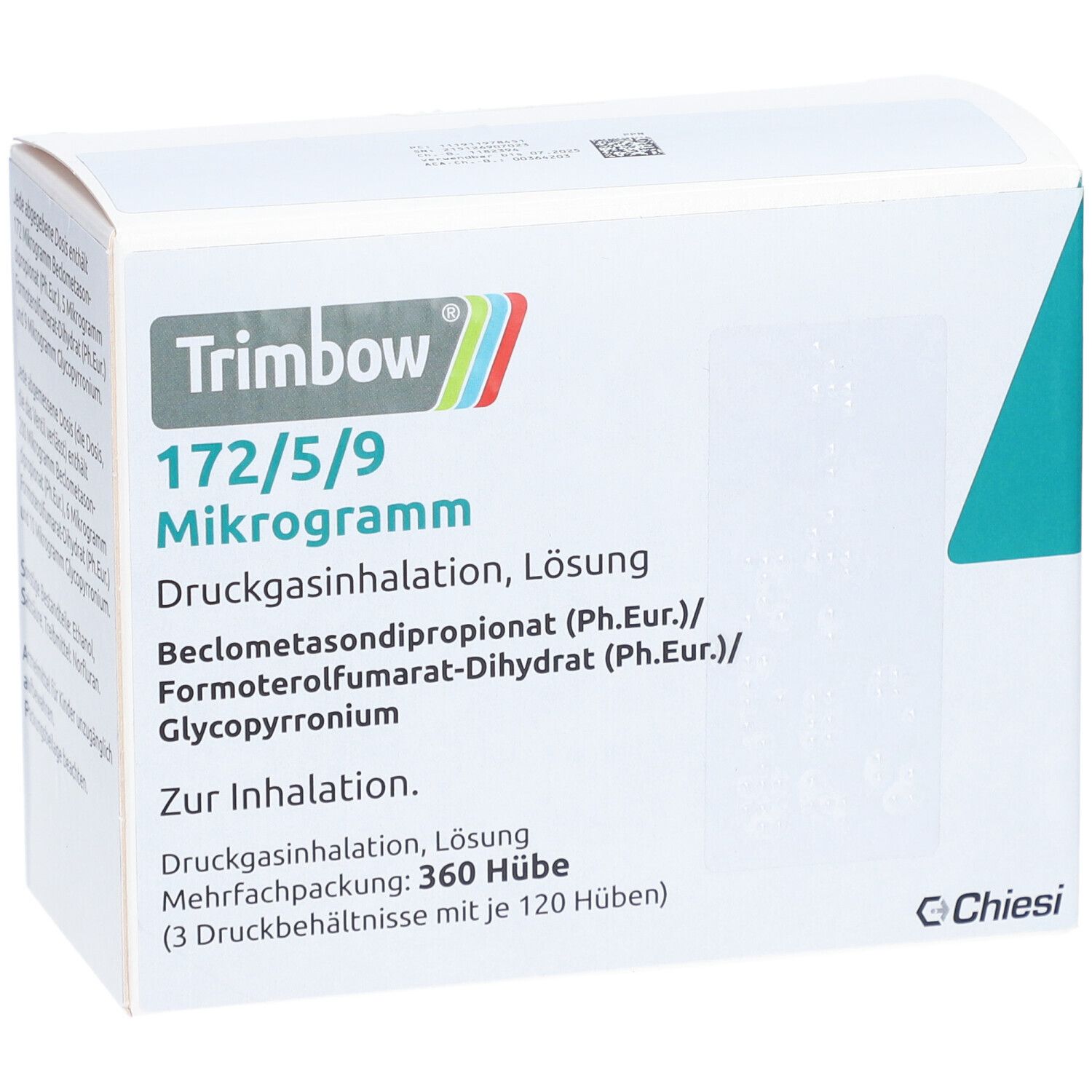 Weiße Verpackung mit Produktinformationen. Oben links: Trimbow, 172/5/9 Mikrogramm. Druckgasinhalation, Lösung. Chiesi Logo.