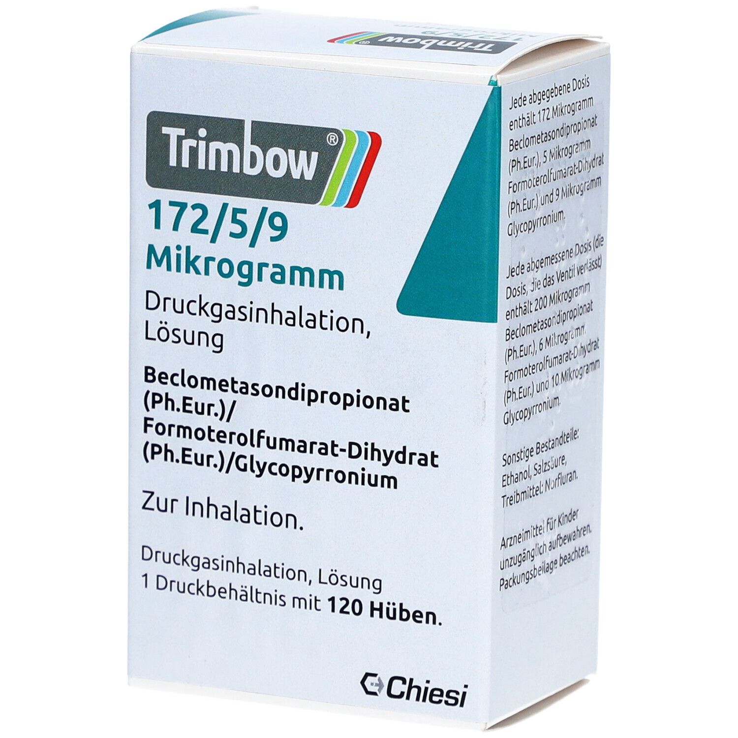 Weiße Faltschachtel mit Produktinformationen. Aufschrift: Trimbow 172/5/9 Mikrogramm. Enthält Wirkstoffe und Inhaltsstoffe. Chiesi-Logo.