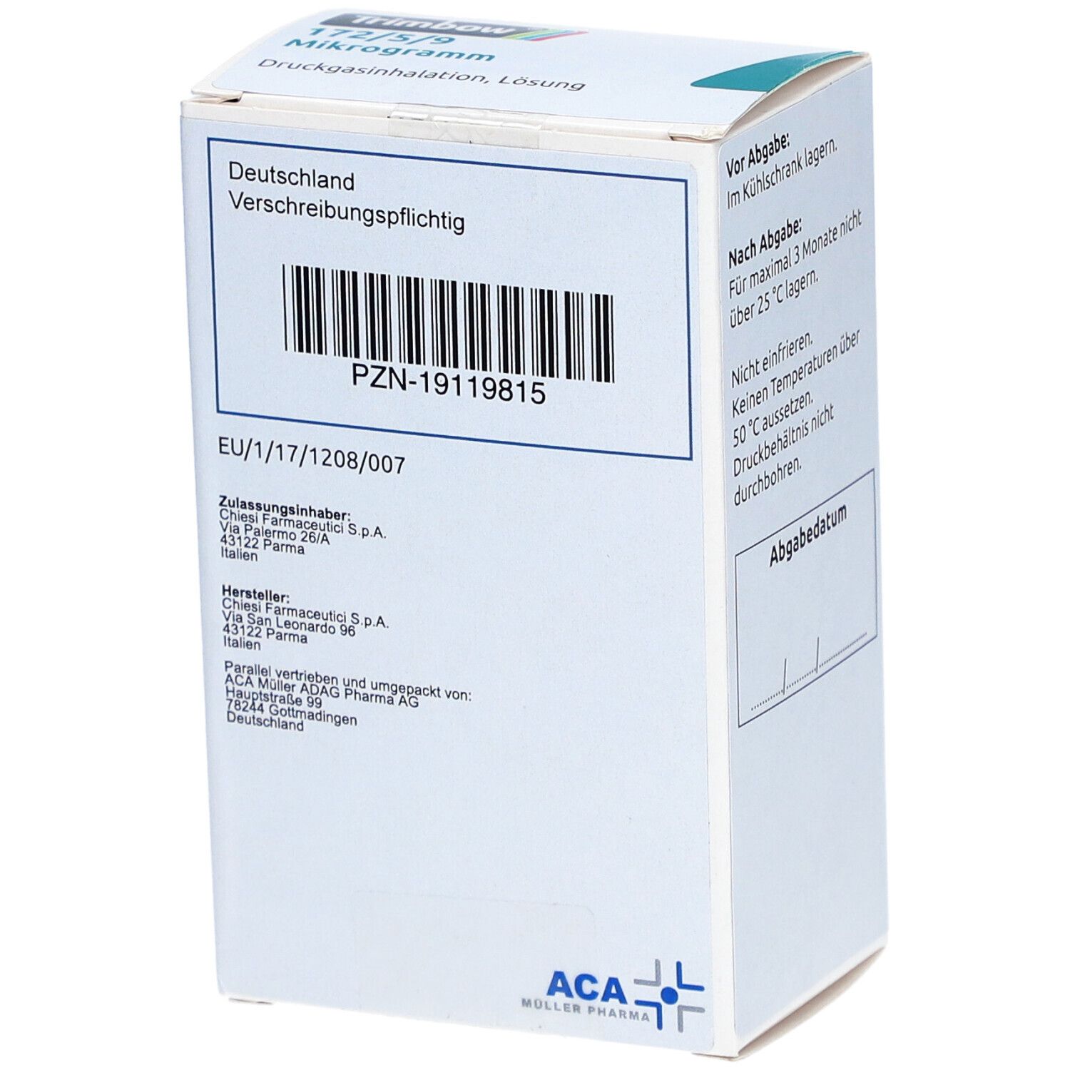 Rückseite einer weißen Faltschachtel. Enthält Informationen zu Hersteller, Zulassung und PZN-Nummer. ACA Müller Pharma AG Logo.