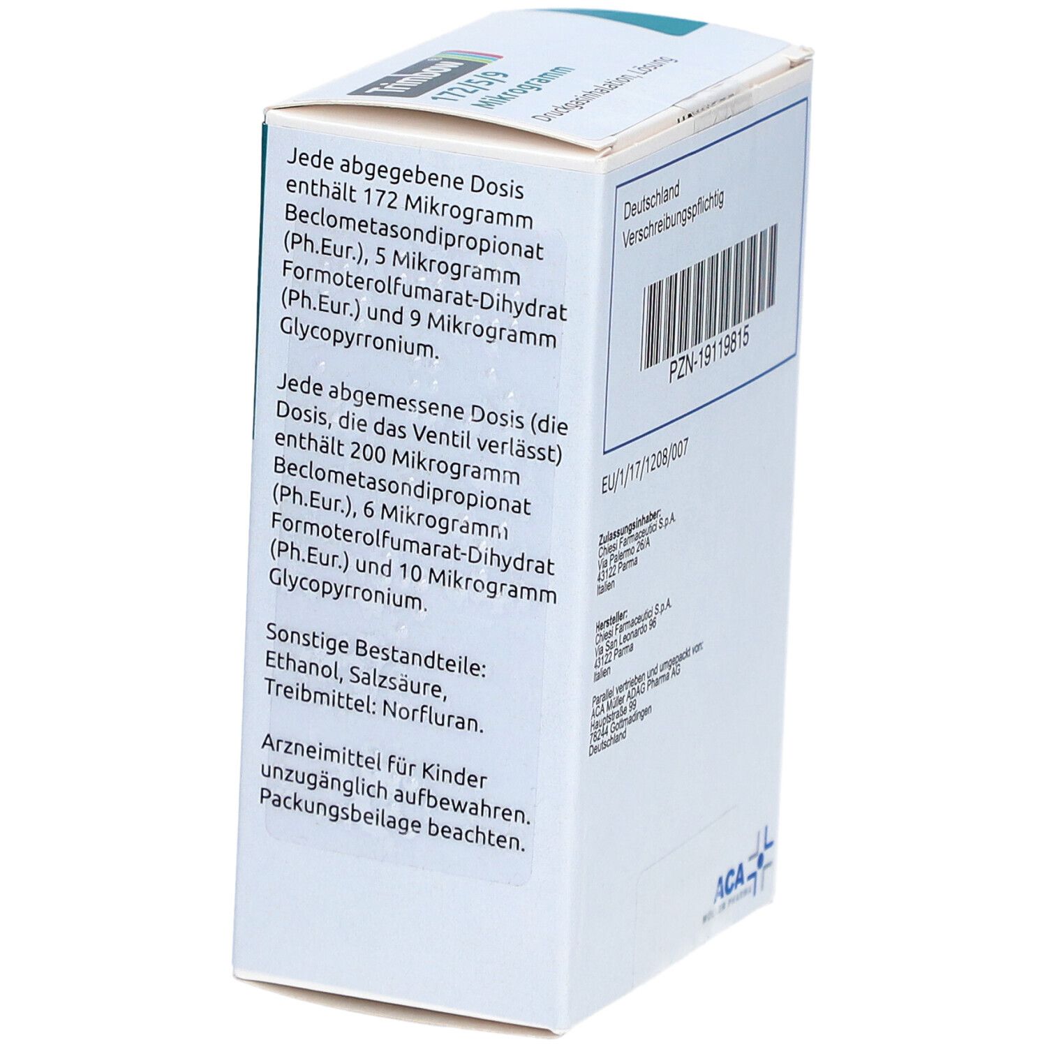 Weiße Faltschachtel mit Text. Enthält Informationen zur Dosierung und Inhaltsstoffen. ACA Müller Pharma AG Logo. Arzneimittel für Kinder unzugänglich.