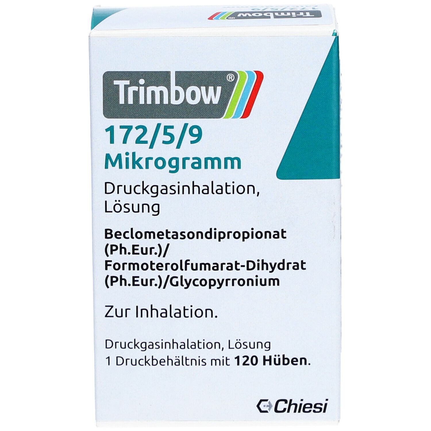 Weiße Faltschachtel mit Produktinformationen. Aufschrift: Trimbow 172/5/9 Mikrogramm. Enthält Wirkstoffe und Inhaltsstoffe. Chiesi-Logo.