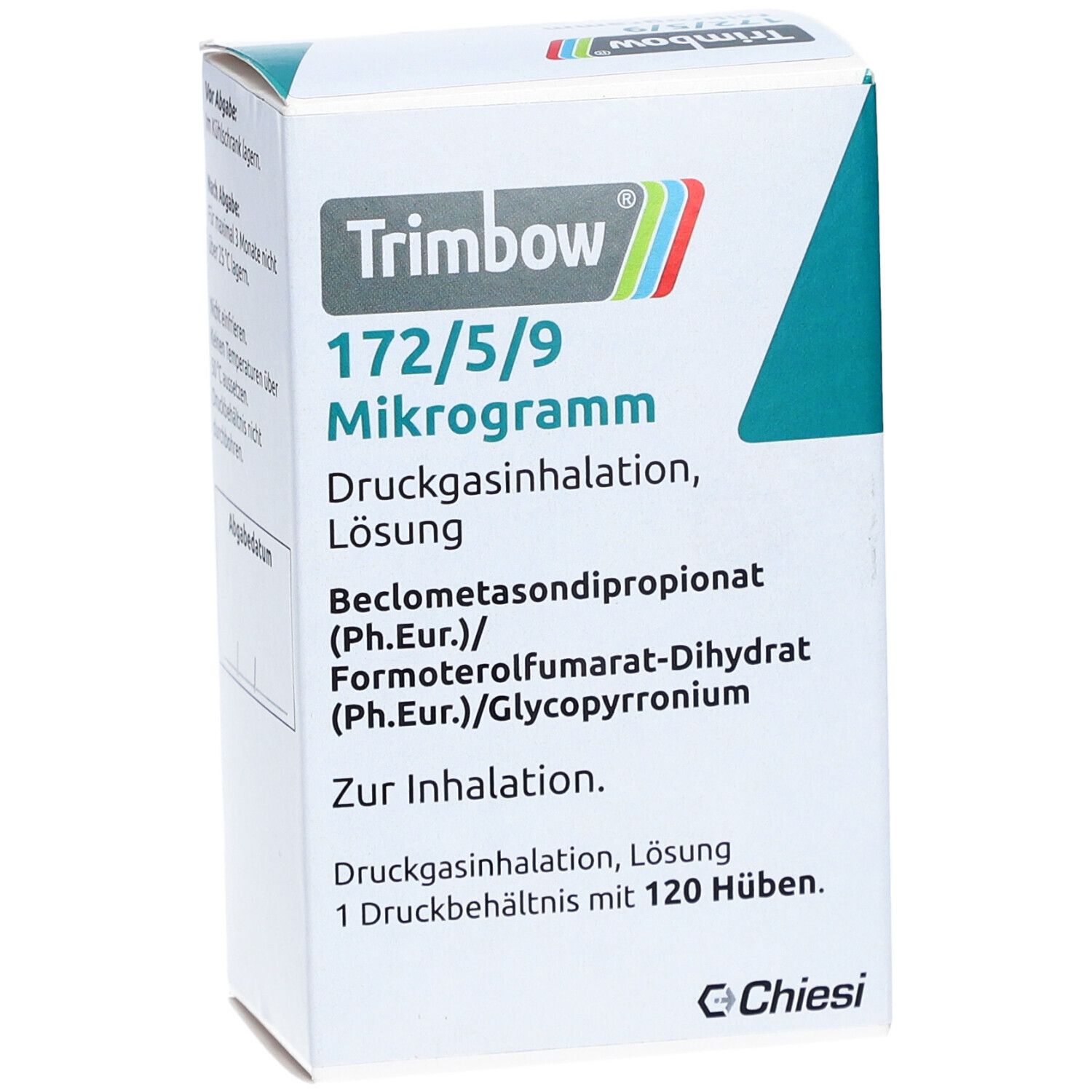 Weiße Faltschachtel mit Produktinformationen. Aufschrift: Trimbow 172/5/9 Mikrogramm. Enthält Wirkstoffe und Inhaltsstoffe. Chiesi-Logo.