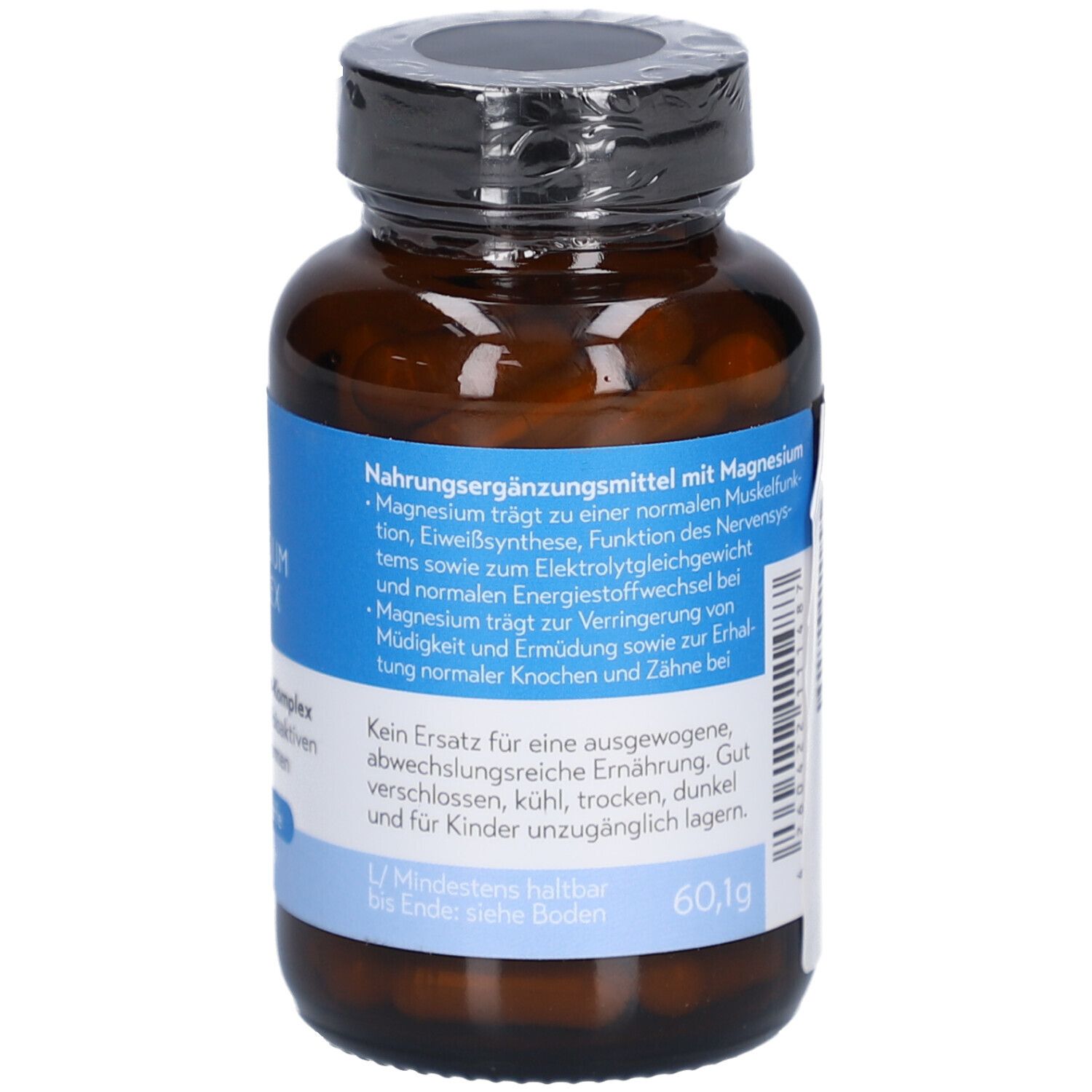 Braune Glasflasche mit schwarzem Deckel. Rückseite mit Produktinformationen und Inhaltsstoffen. Etikett.