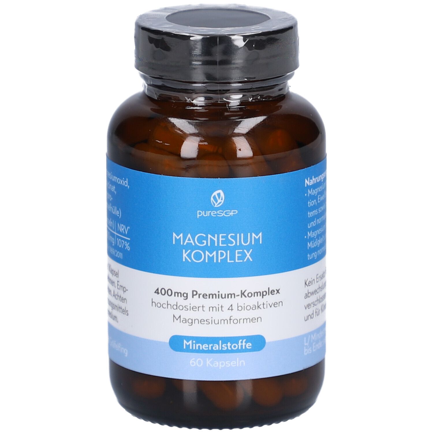 Braune Glasflasche mit schwarzem Deckel. Etikett "puresGP Magnesium Komplex". 60 Kapseln.