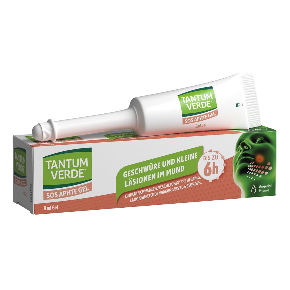 Weiße Tube mit Applikator und Karton. Auf der Tube steht Tantum Verde SOS Aphte Gel. Auf dem Karton steht SOS Aphte Gel und Text.