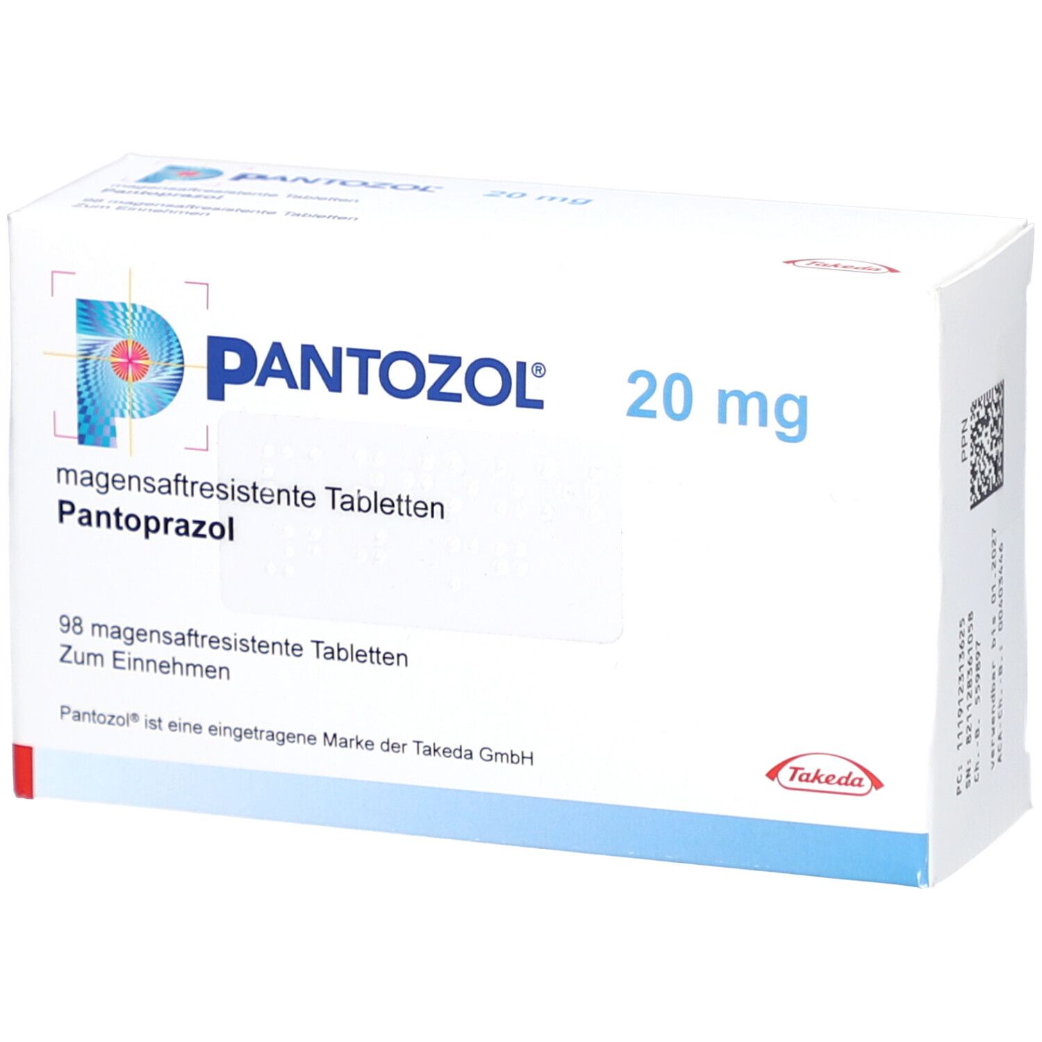 Weiße Schachtel mit PANTOZOL 20 mg. Text: magensaftresistente Tabletten, Pantoprazol. Logo und Takeda-Logo.