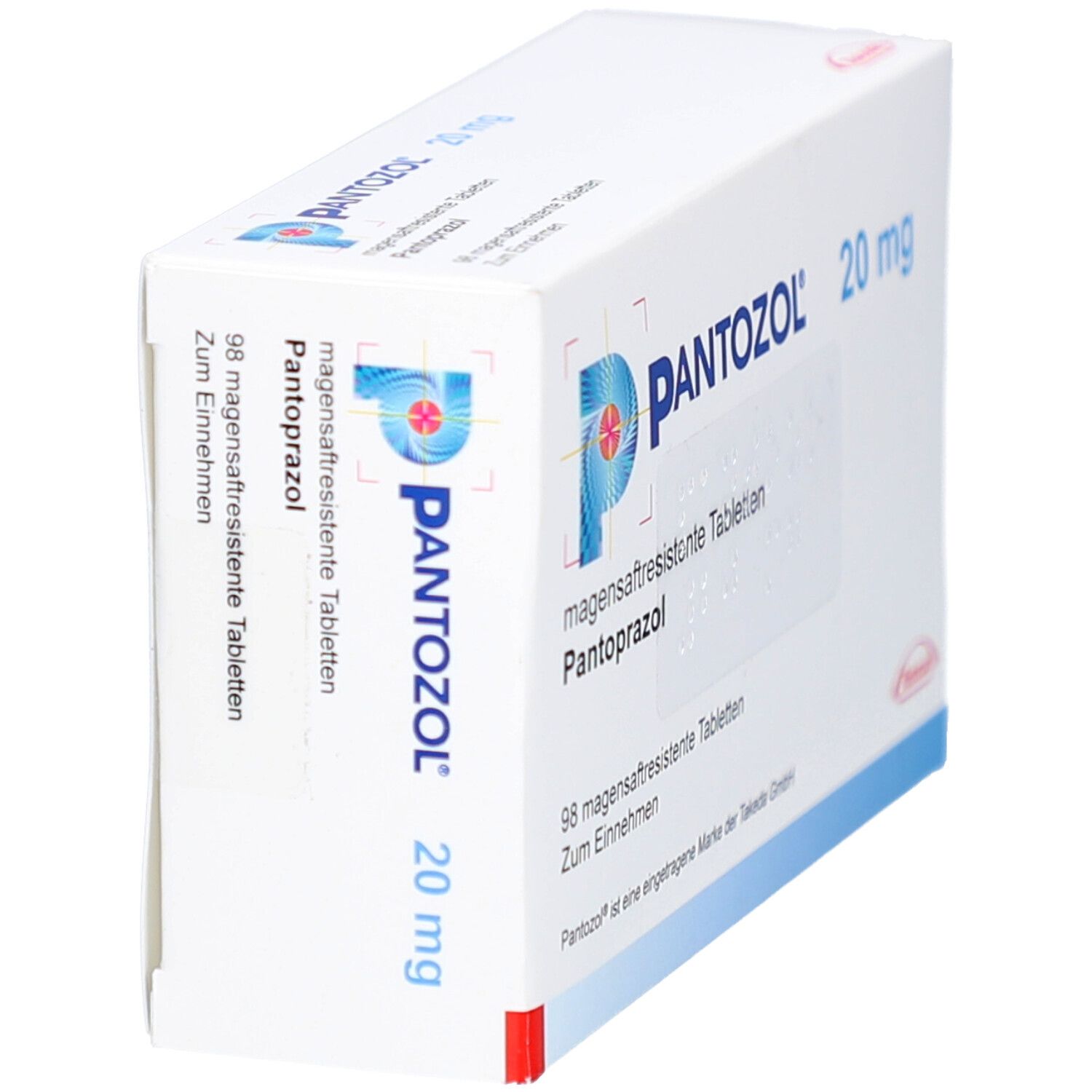 Weiße Schachtel PANTOZOL 20 mg, schräg. Text: magensaftresistente Tabletten, Pantoprazol. Logo und Takeda-Logo.