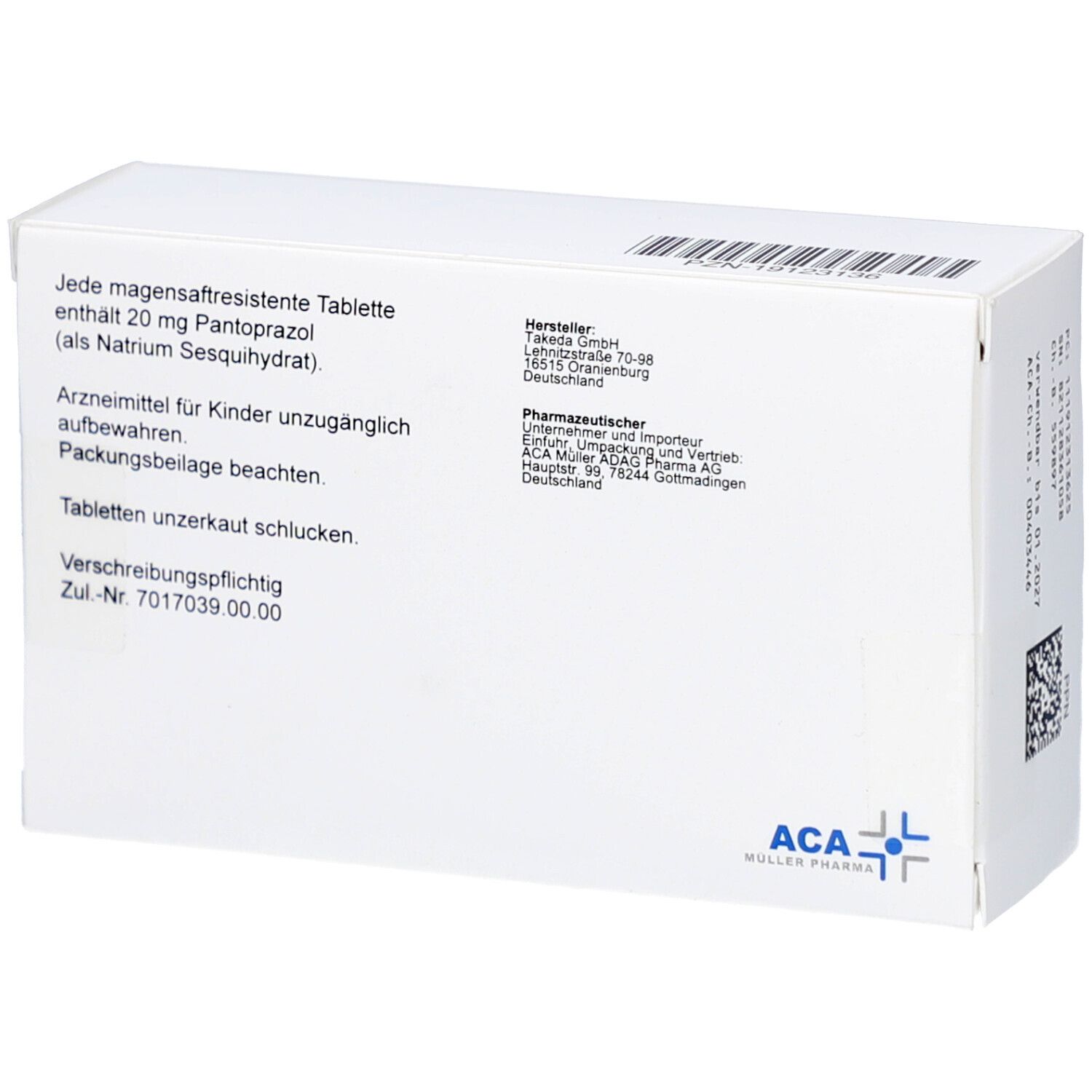 Weiße Schachtel, Rückseite. Text: Jede magensaftresistente Tablette enthält 20 mg Pantoprazol. ACA Müller Pharma.