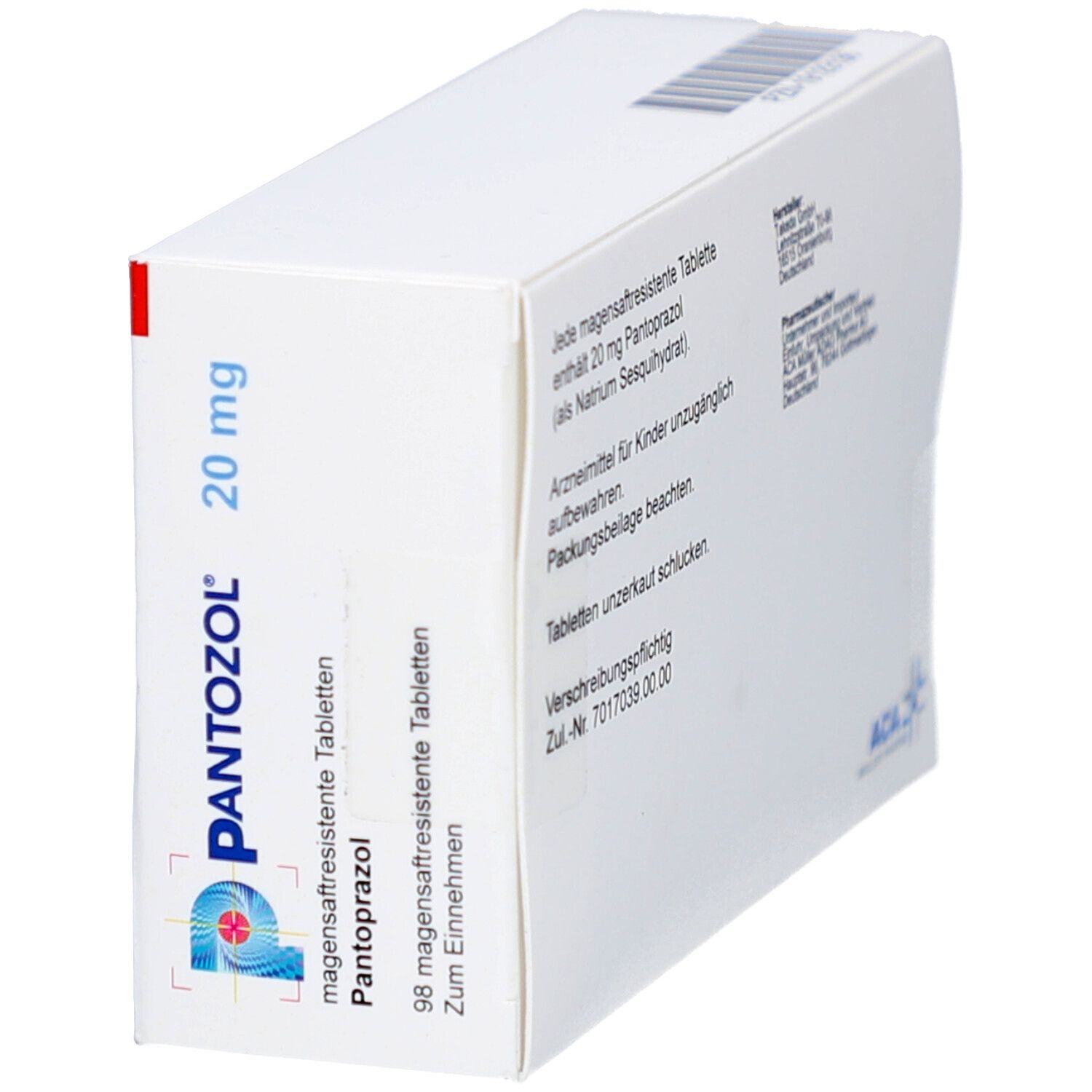Weiße Schachtel, schräg. Text: magensaftresistente Tabletten, Pantoprazol. Logo und ACA Müller Pharma.