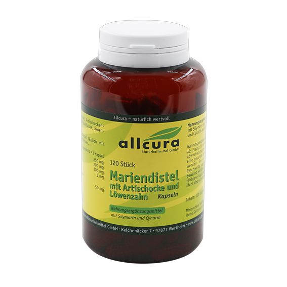 Braune Flasche mit weißem Deckel. Aufschrift: allcura Mariendistel mit Artischocke und Löwenzahn. 120 Kapseln.