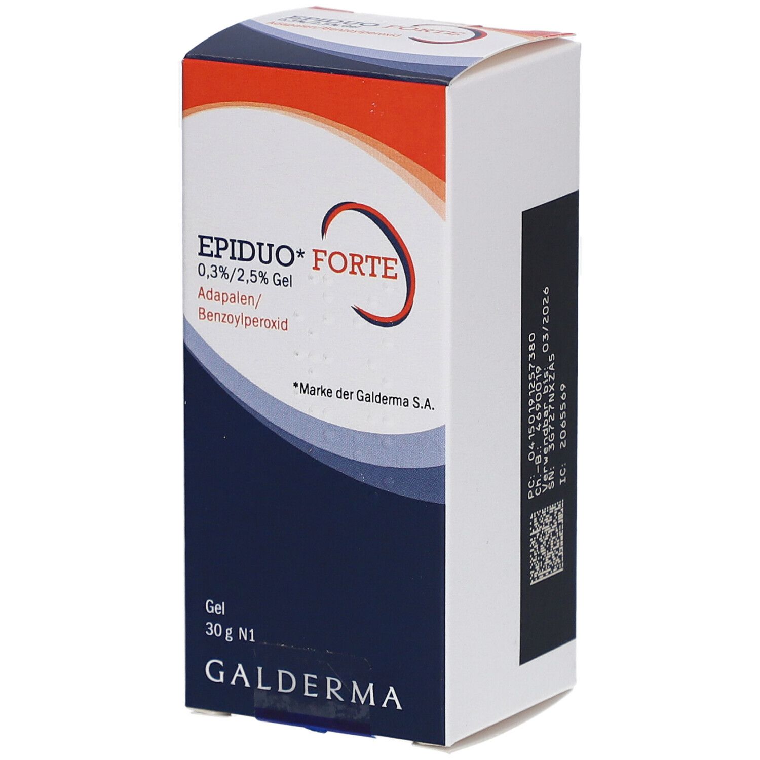 Karton mit Produktnamen EPIDUO Forte Gel, 0,3%/2,5%. Enthält Adapalene und Benzoylperoxid. Marke Galderma.