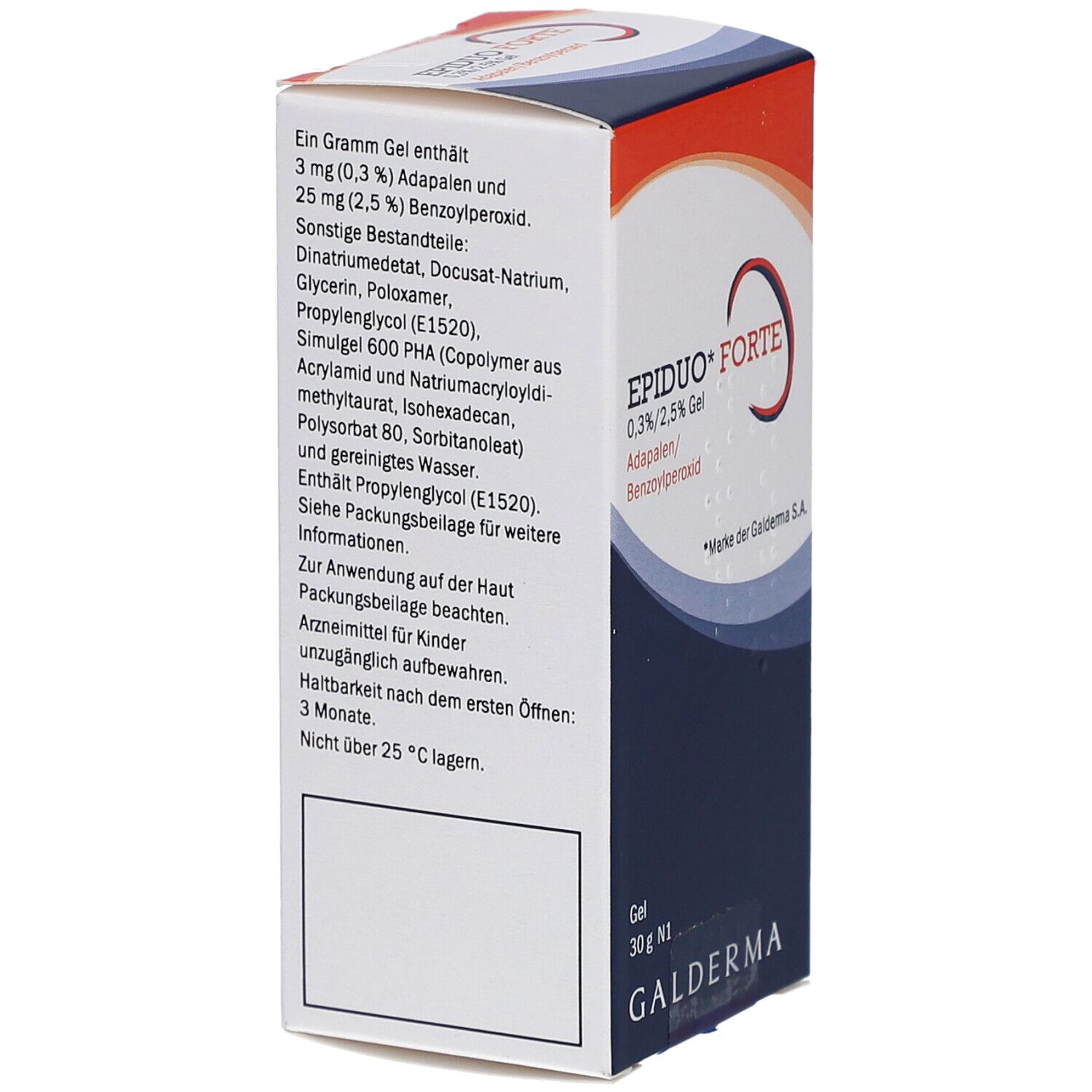 Seitenansicht der EPIDUO Forte Gel-Verpackung. Enthält Informationen zu Inhaltsstoffen und Anwendung. Marke Galderma.