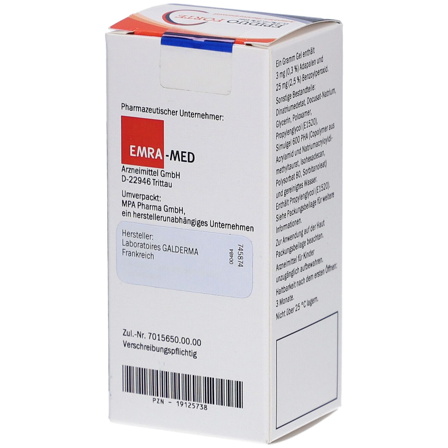 Rückseite der EPIDUO Forte Gel-Verpackung. Enthält Informationen zum Hersteller EMRA-MED und Galderma.