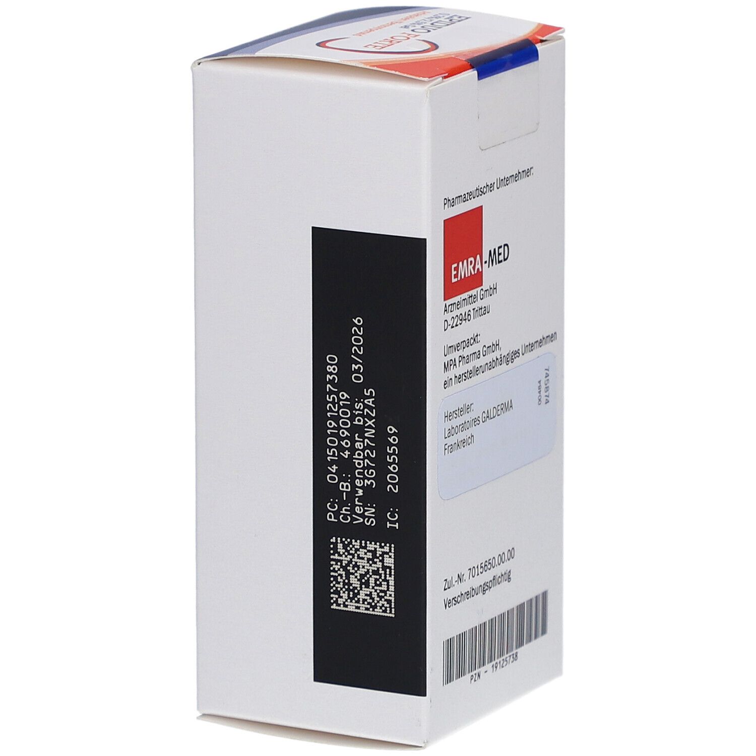 Seitenansicht der EPIDUO Forte Gel-Verpackung. Enthält Informationen wie Chargennummer und Verfallsdatum.