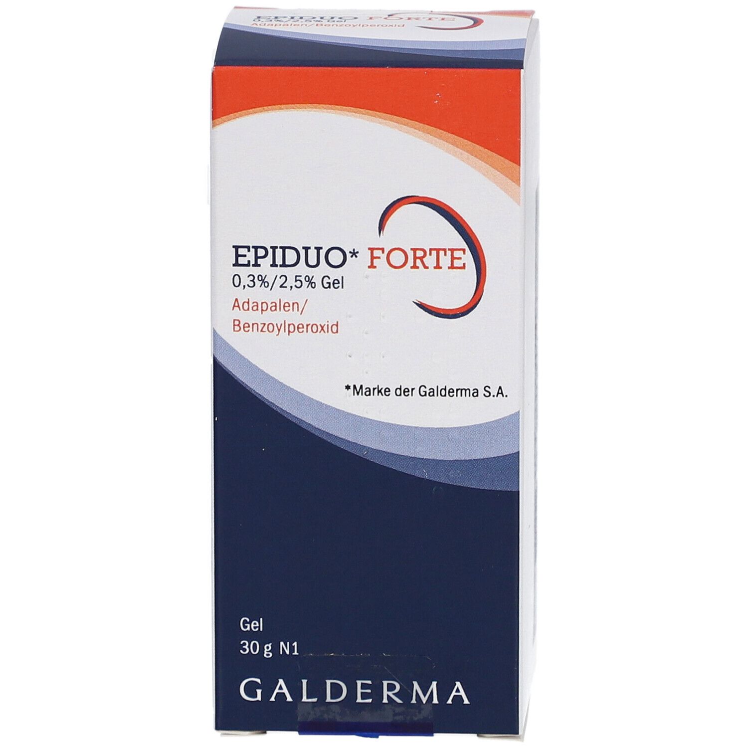 EPIDUO Forte Gel-Verpackung. Produktname, Inhaltsstoffe und Marke Galderma deutlich sichtbar.