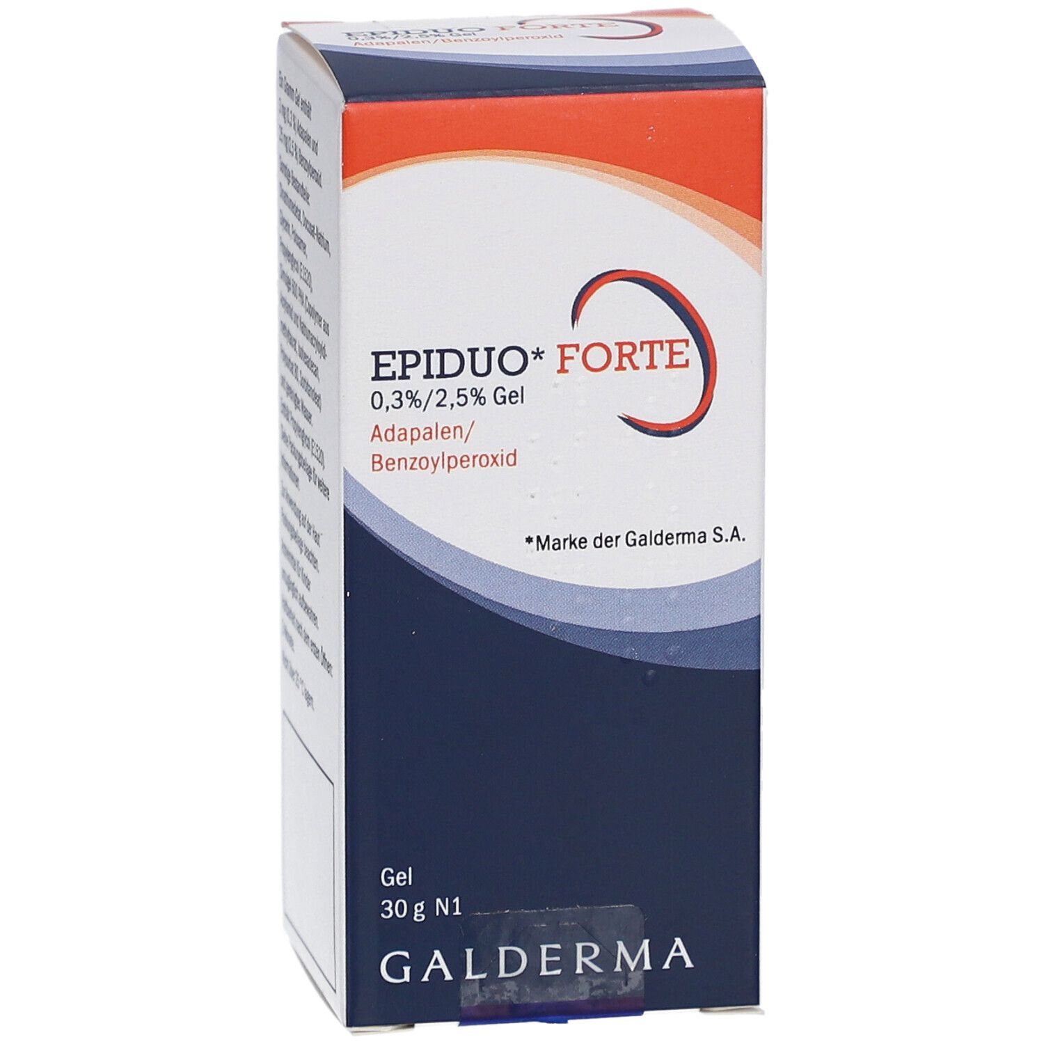 EPIDUO Forte Gel-Verpackung. Produktname, Inhaltsstoffe und Marke Galderma deutlich sichtbar.