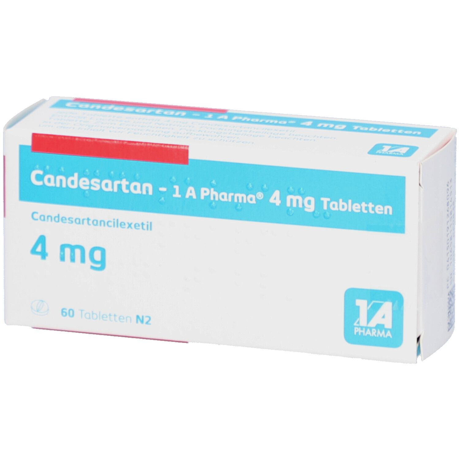Schachtel mit CANDESARTAN-1A Pharma 4 mg Tabletten. Blaue und rote Akzente. 60 Tabletten. 1A Pharma Logo.