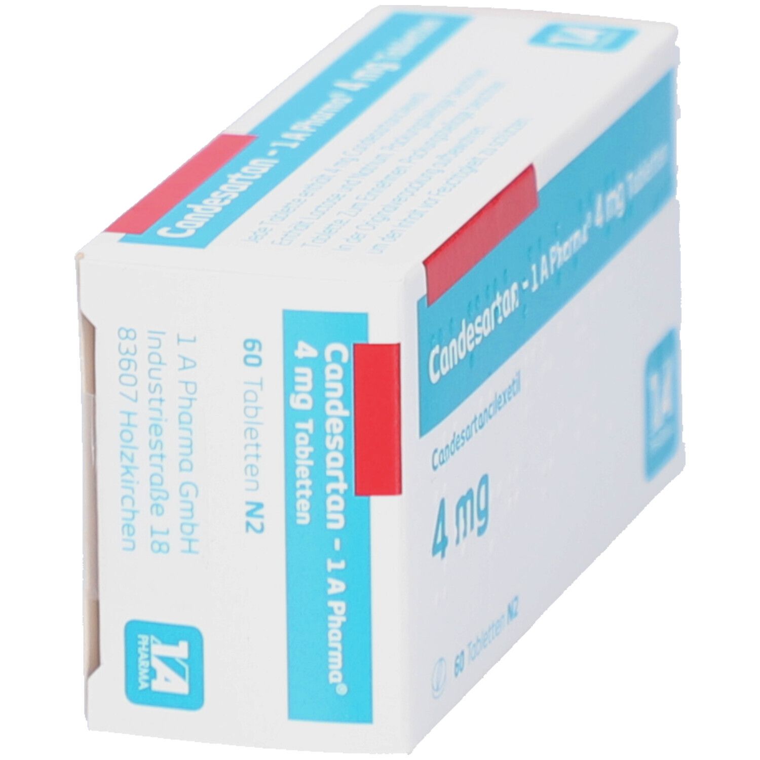 Schachtel CANDESARTAN-1A Pharma 4 mg Tabletten. Blaue und rote Akzente. 60 Tabletten. 1A Pharma Logo. Seitenansicht.