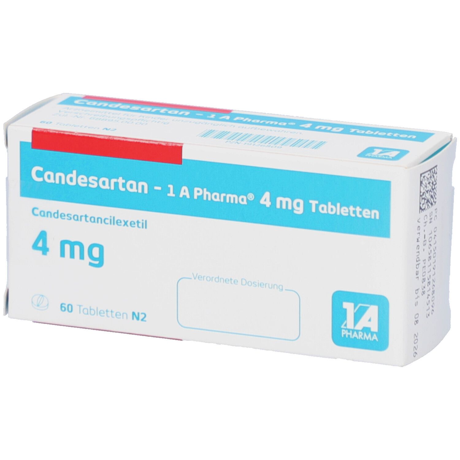 Schachtel mit CANDESARTAN-1A Pharma 4 mg Tabletten. Blaue und rote Akzente. 60 Tabletten. 1A Pharma Logo. Rezeptfeld.