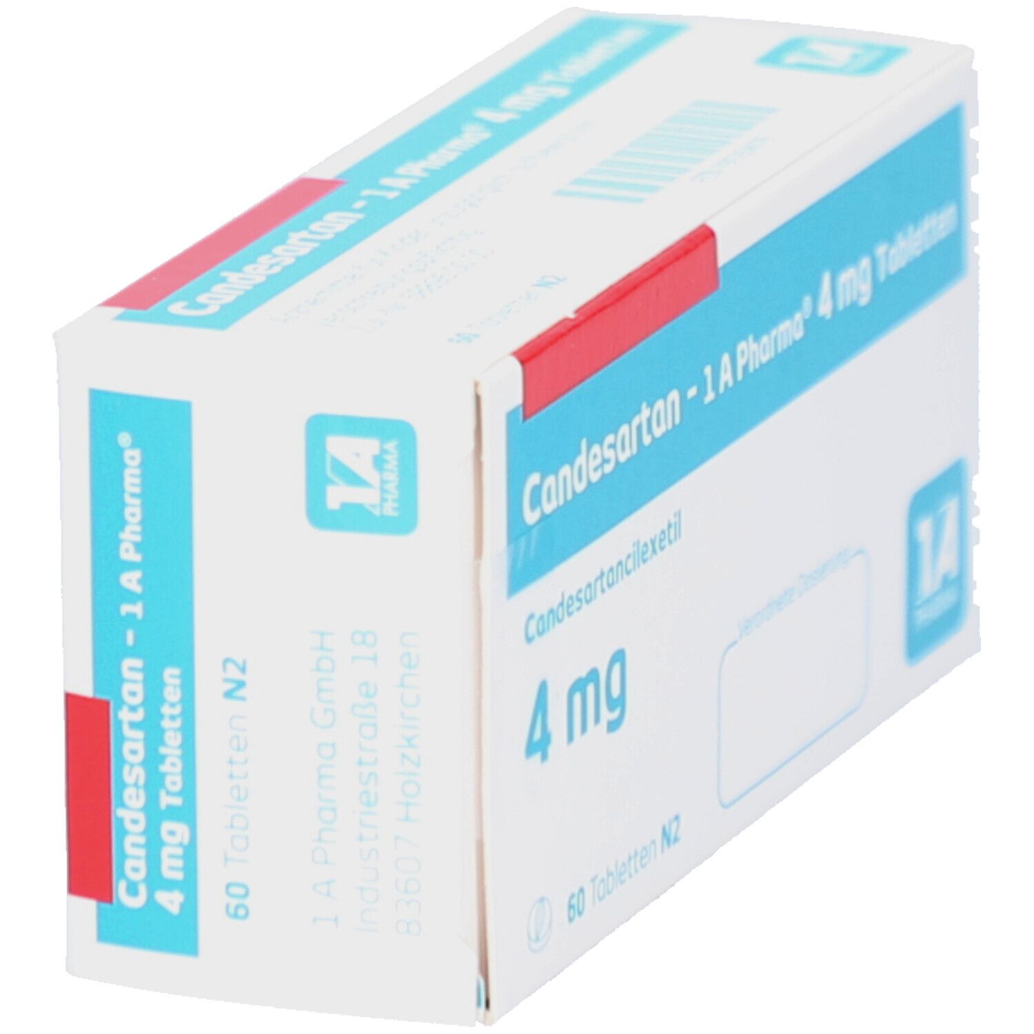 Schachtel CANDESARTAN-1A Pharma 4 mg Tabletten. Blaue und rote Akzente. 60 Tabletten. 1A Pharma Logo. Seitenansicht.