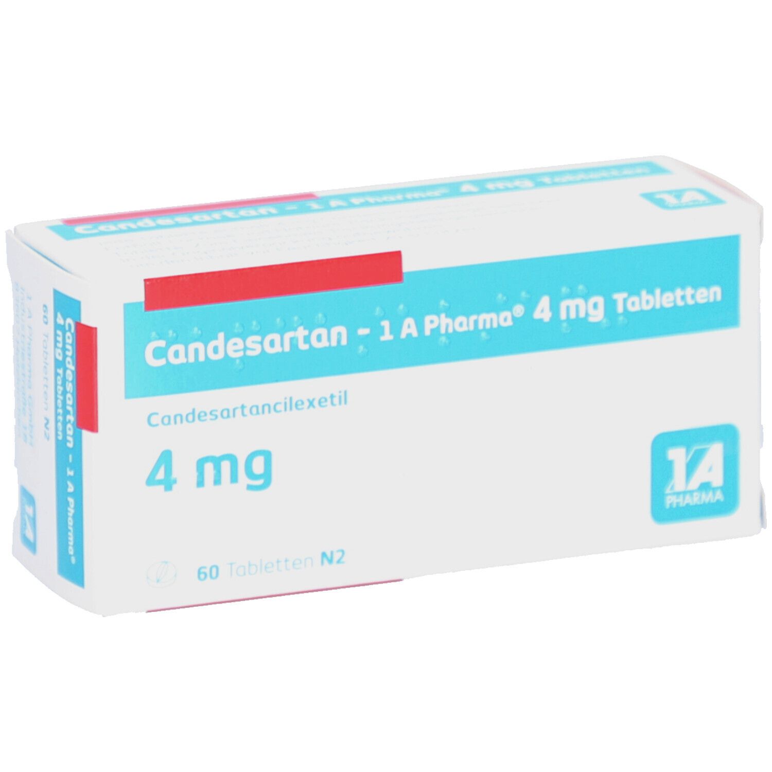 Schachtel mit CANDESARTAN-1A Pharma 4 mg Tabletten. Blaue und rote Akzente. 60 Tabletten. 1A Pharma Logo.