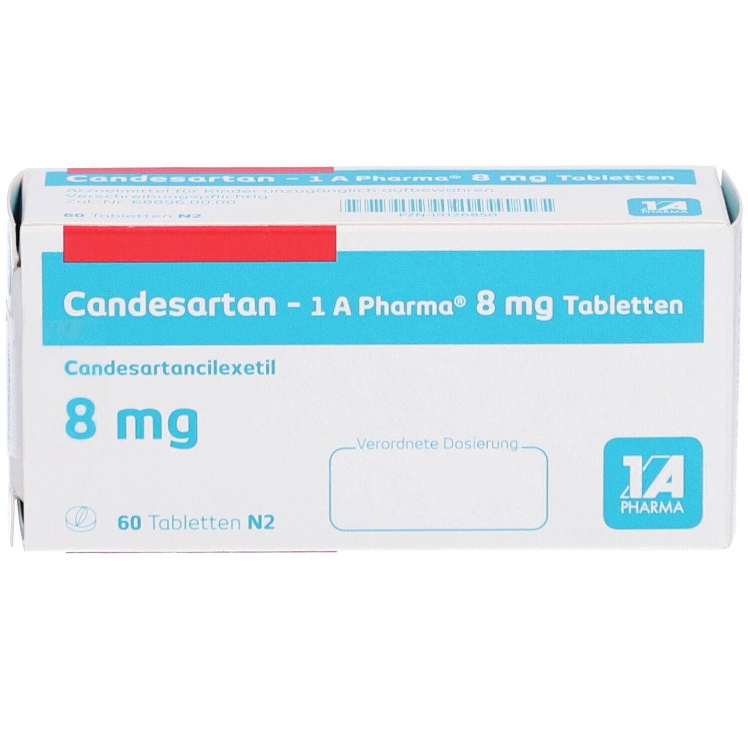 Verpackung von Candesartan-1A Pharma 8 mg Tabletten. Vorderansicht mit Produktnamen, Dosierung und Packungsgröße.
