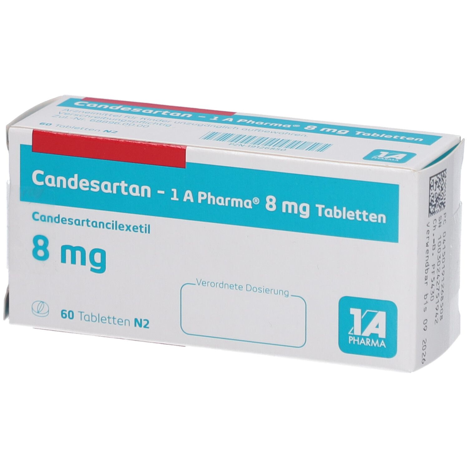 Schachtel mit Candesartan-1A Pharma 8 mg Tabletten. Vorderansicht mit Produktnamen, Dosierung und Packungsgröße.