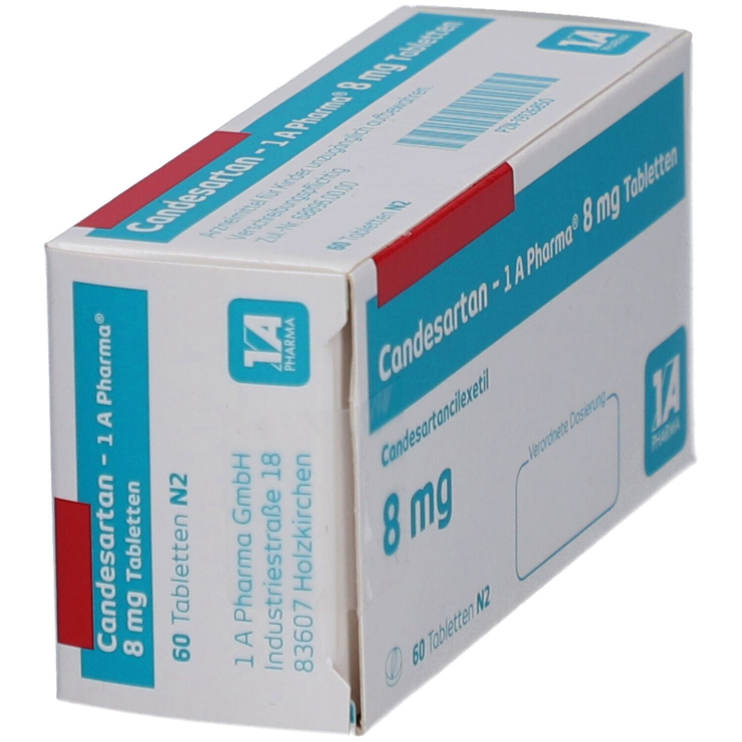 Schachtel Candesartan-1A Pharma 8 mg Tabletten. Ansicht mit Produktnamen, Dosierung, Packungsgröße und Firmenlogo.